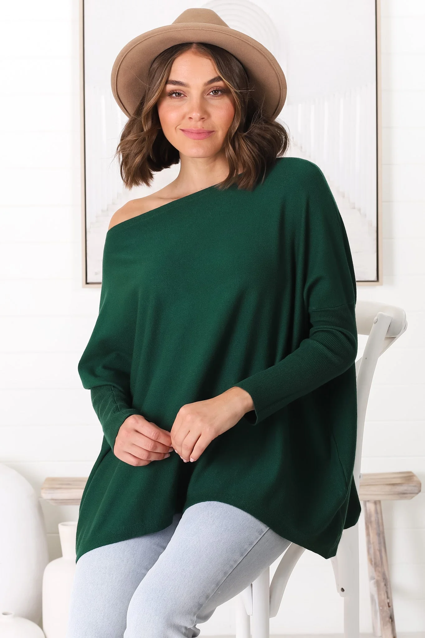 Belinda Knit Top - Boat Neckline Boxy Batwing Top in Dark Green - Image 15