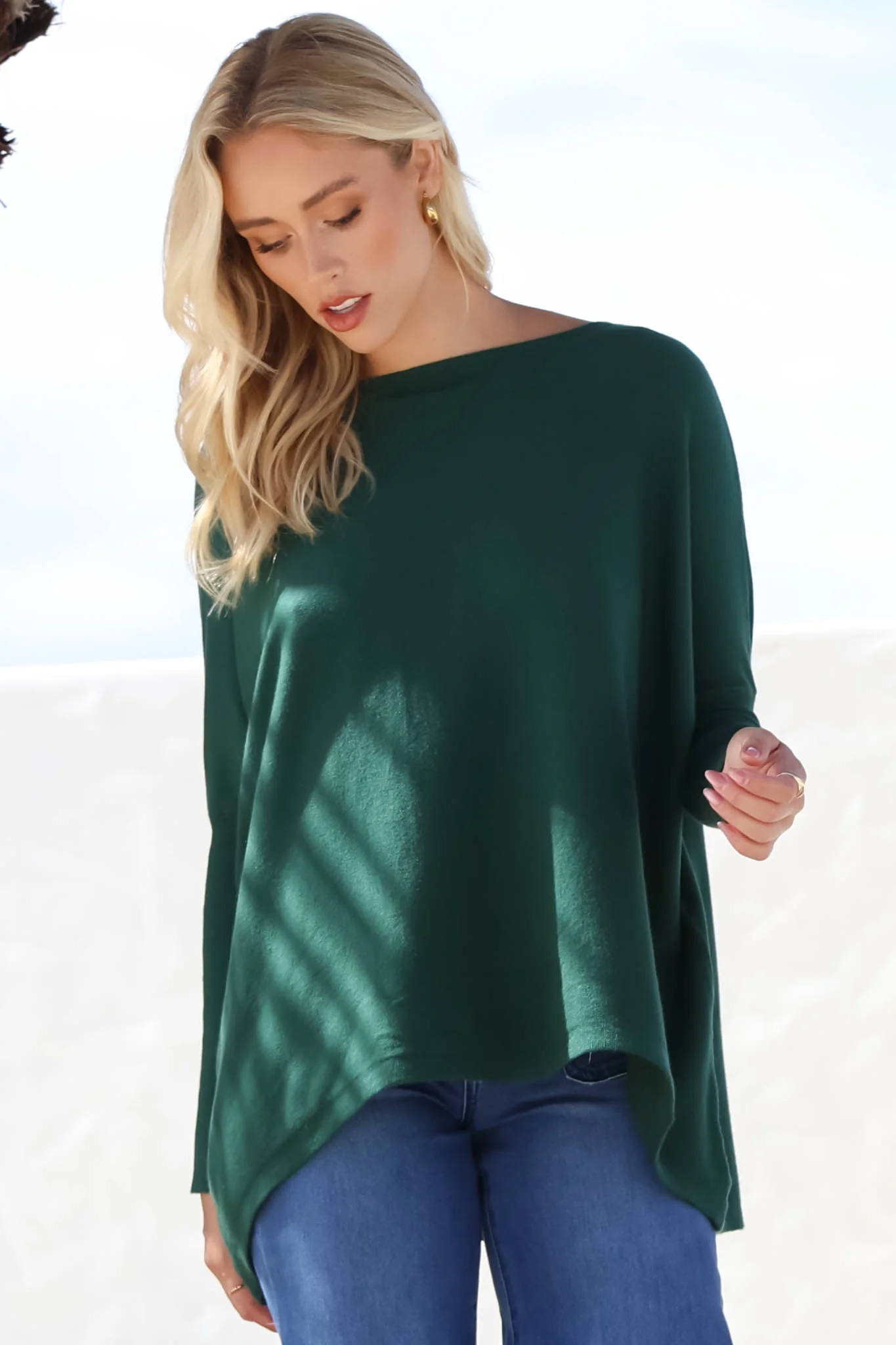 Belinda Knit Top - Boat Neckline Boxy Batwing Top in Dark Green - Image 16