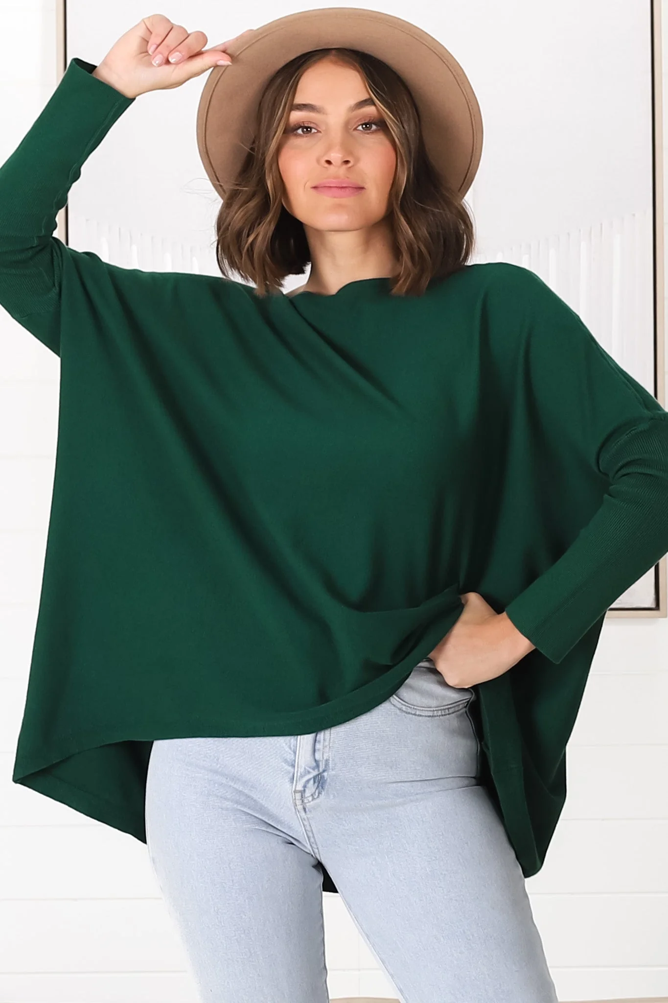 Belinda Knit Top - Boat Neckline Boxy Batwing Top in Dark Green - Image 17