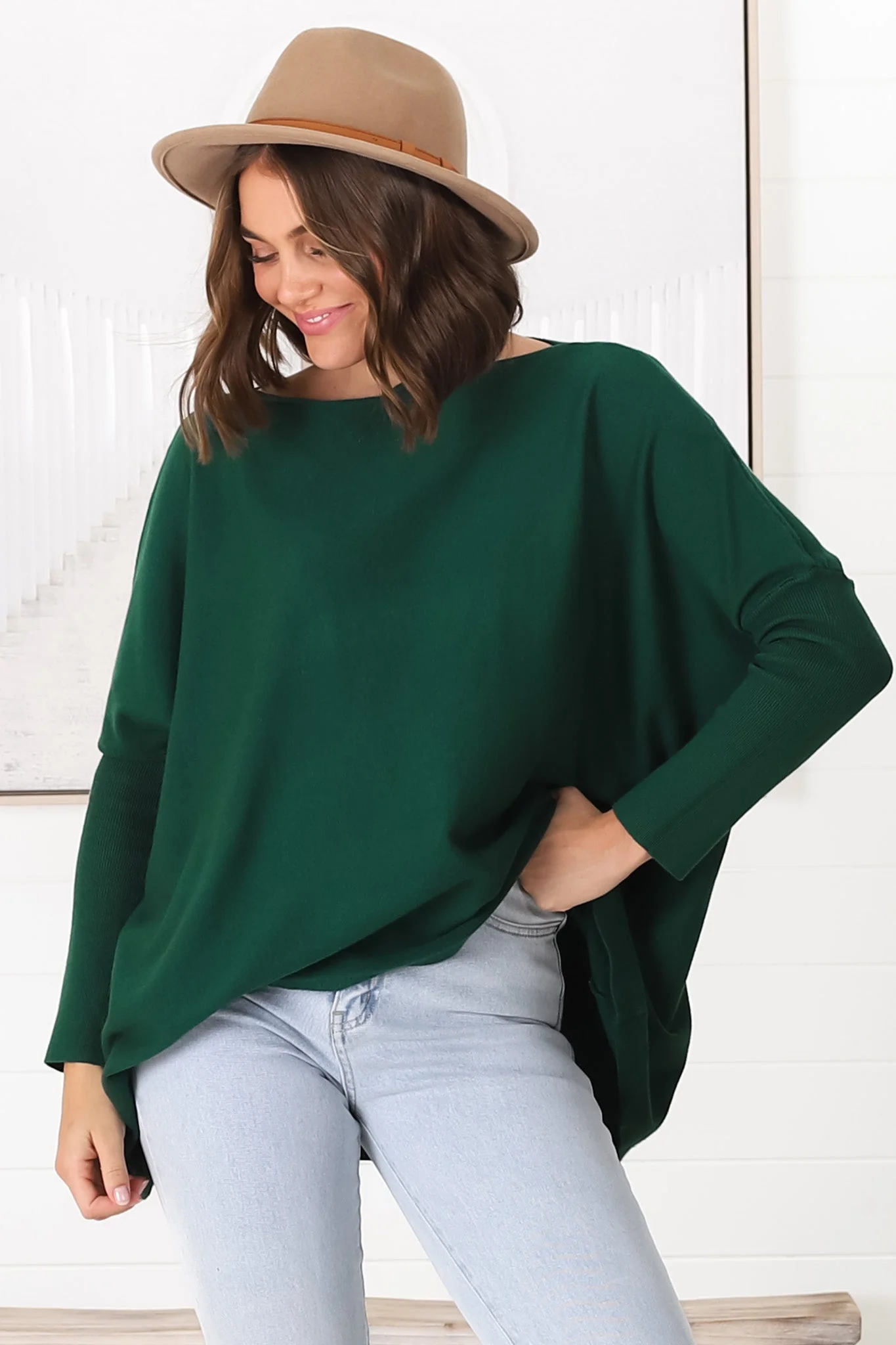 Belinda Knit Top - Boat Neckline Boxy Batwing Top in Dark Green - Image 19
