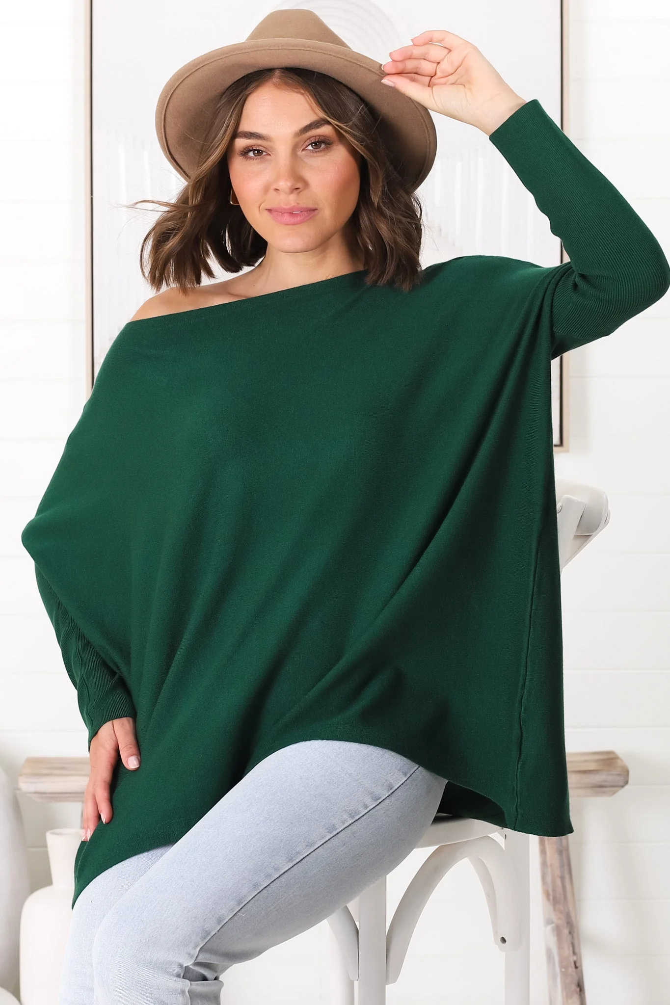 Belinda Knit Top - Boat Neckline Boxy Batwing Top in Dark Green - Image 20