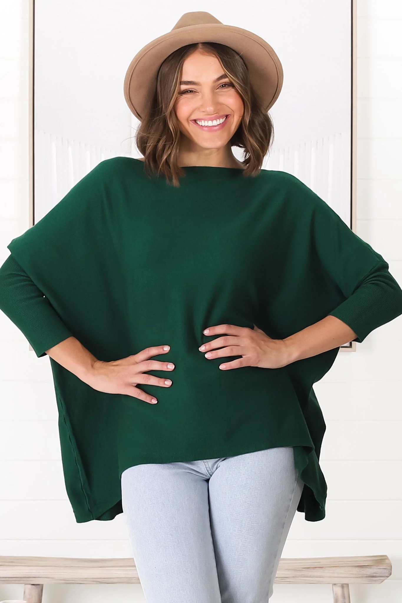 Belinda Knit Top - Boat Neckline Boxy Batwing Top in Dark Green - Image 21