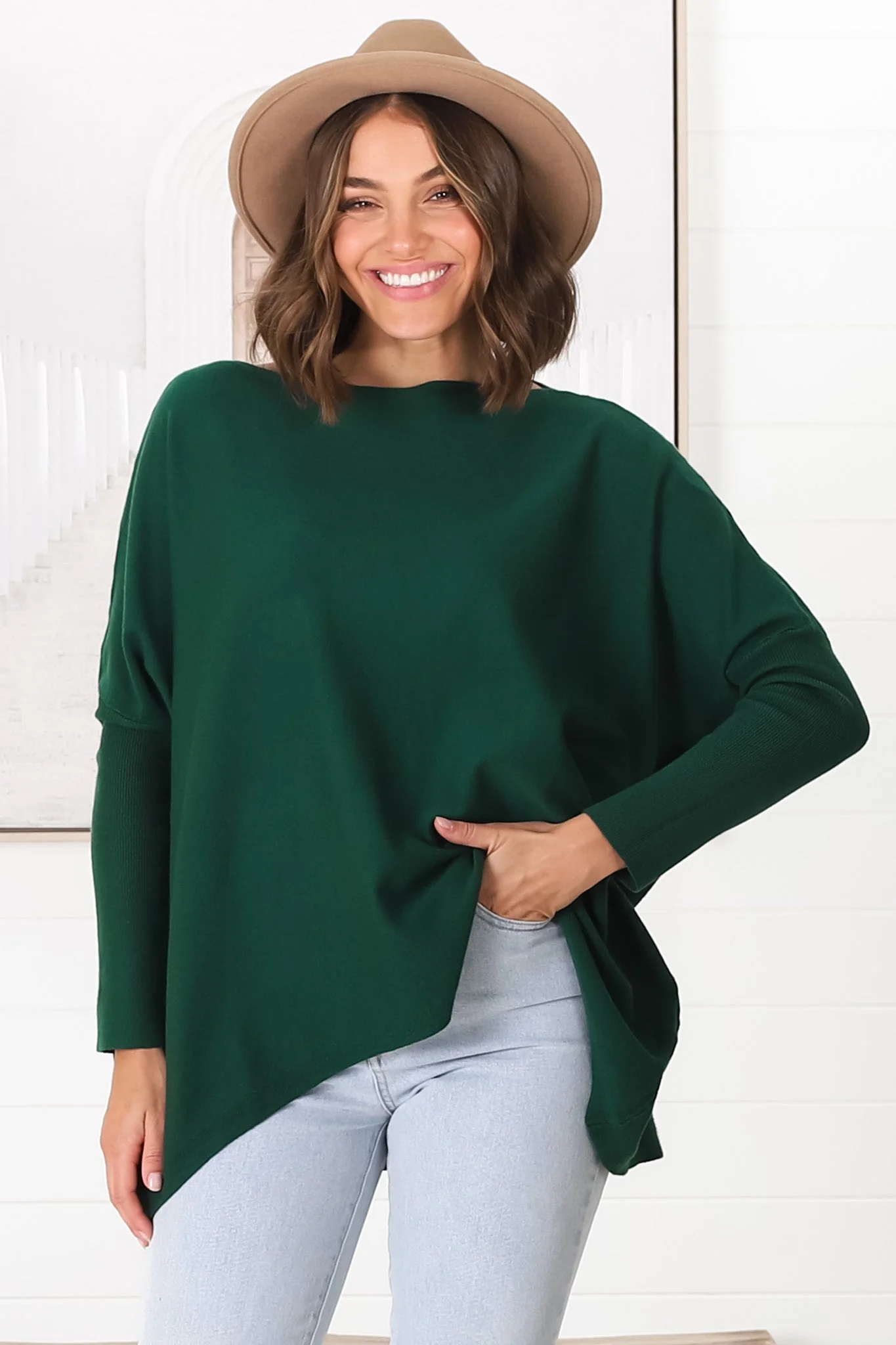 Belinda Knit Top - Boat Neckline Boxy Batwing Top in Dark Green - Image 24