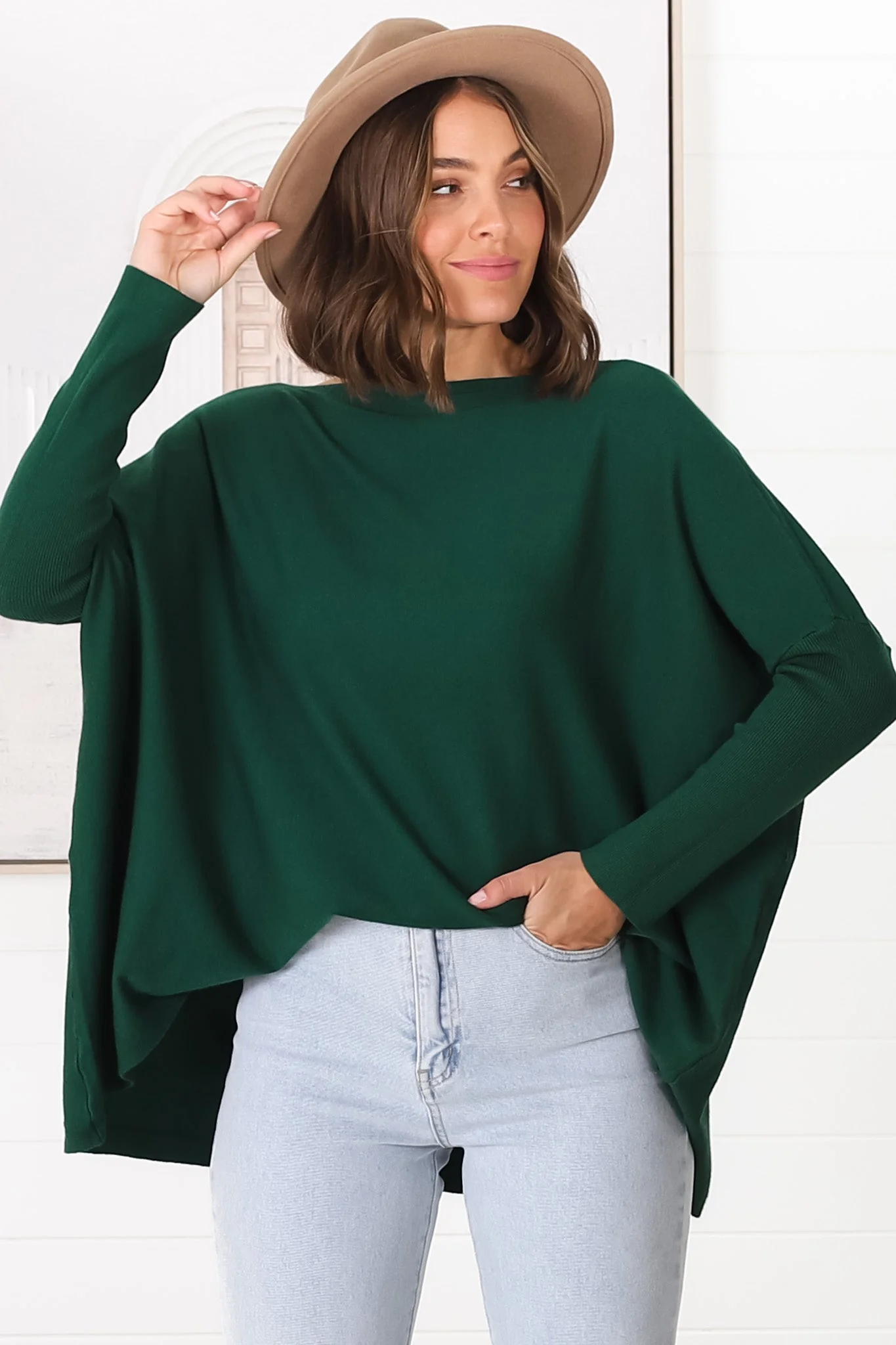 Belinda Knit Top - Boat Neckline Boxy Batwing Top in Dark Green - Image 25