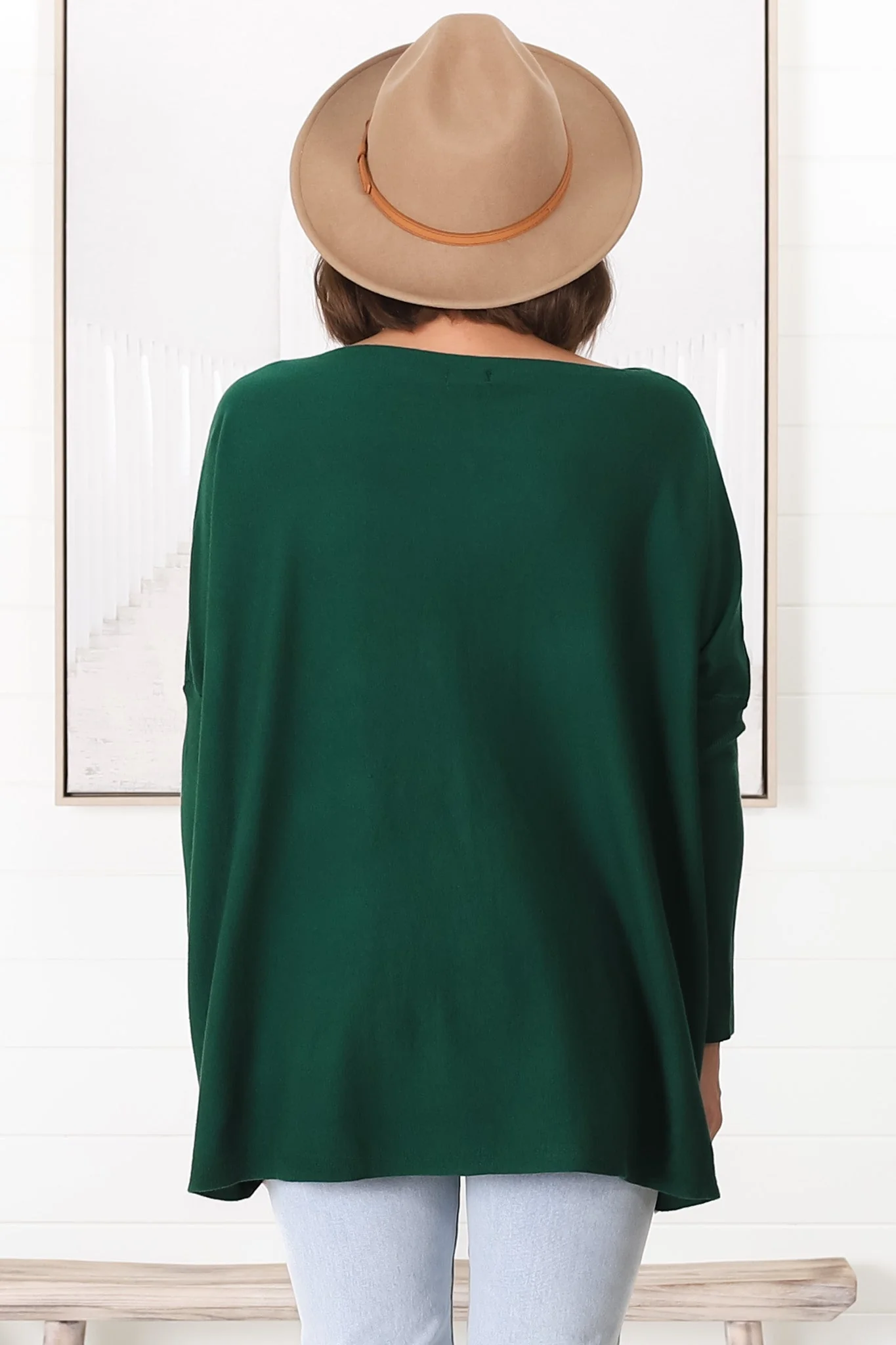 Belinda Knit Top - Boat Neckline Boxy Batwing Top in Dark Green - Image 27