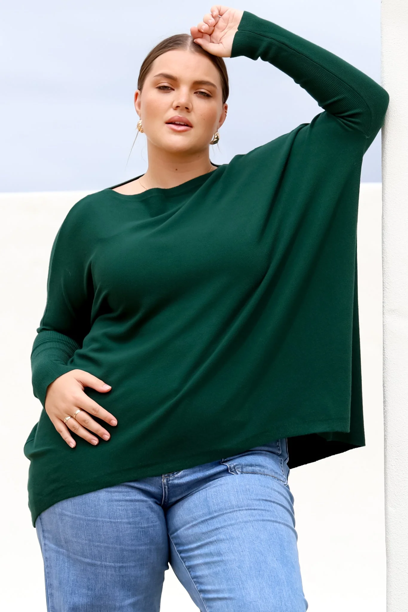 Belinda Knit Top - Boat Neckline Boxy Batwing Top in Dark Green - Image 3