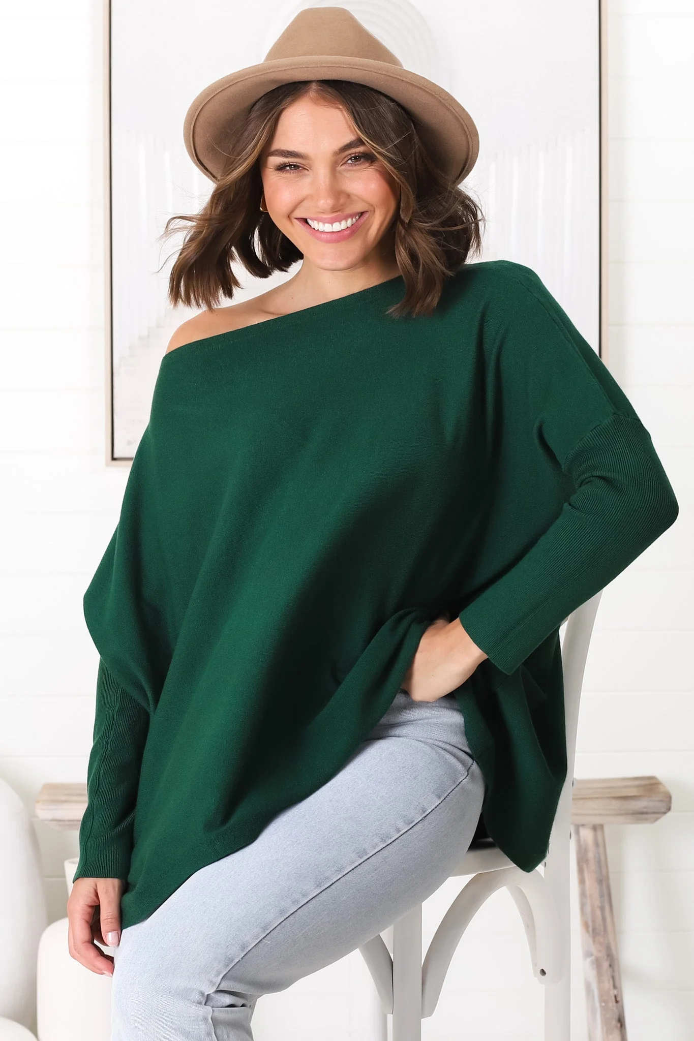 Belinda Knit Top - Boat Neckline Boxy Batwing Top in Dark Green - Image 4