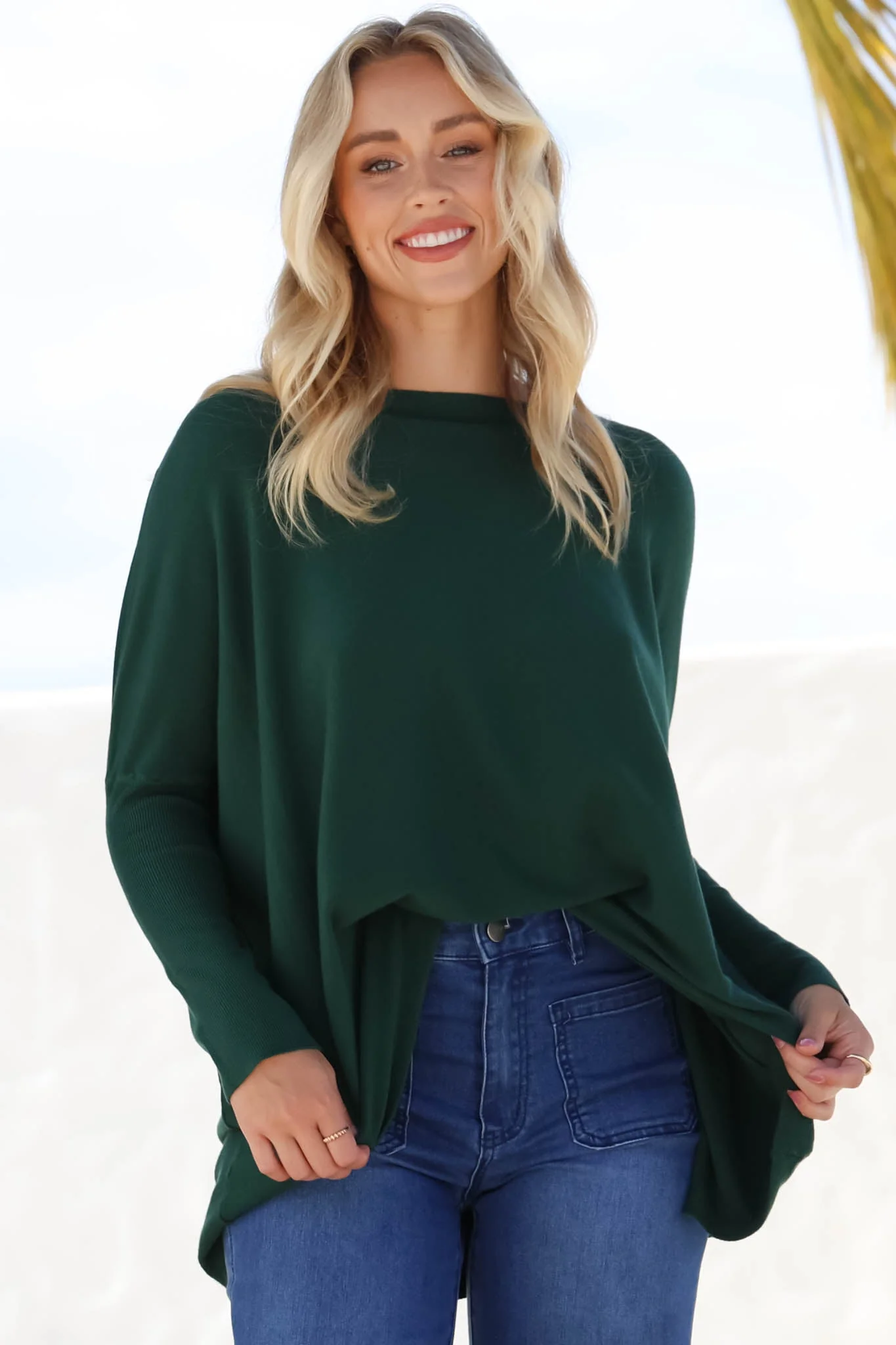 Belinda Knit Top - Boat Neckline Boxy Batwing Top in Dark Green - Image 5