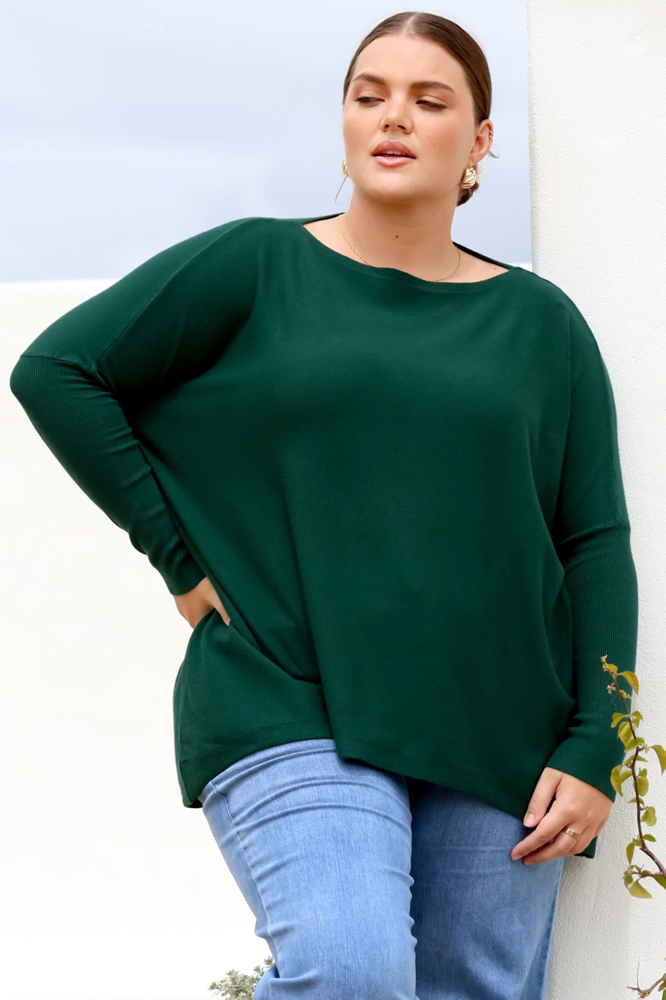 Belinda Knit Top - Boat Neckline Boxy Batwing Top in Dark Green - Image 6