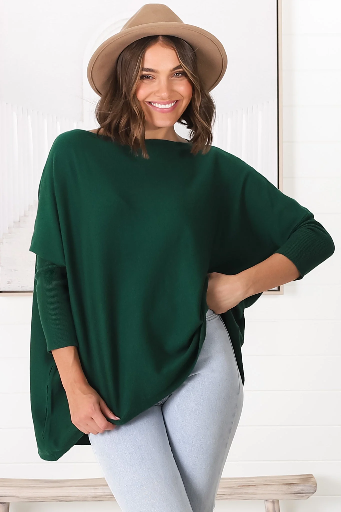 Belinda Knit Top - Boat Neckline Boxy Batwing Top in Dark Green - Image 7