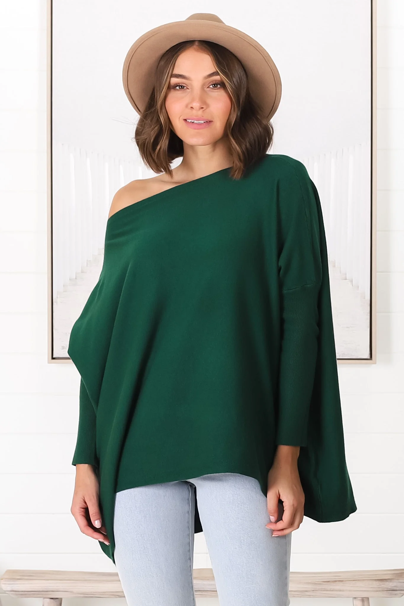 Belinda Knit Top - Boat Neckline Boxy Batwing Top in Dark Green - Image 8