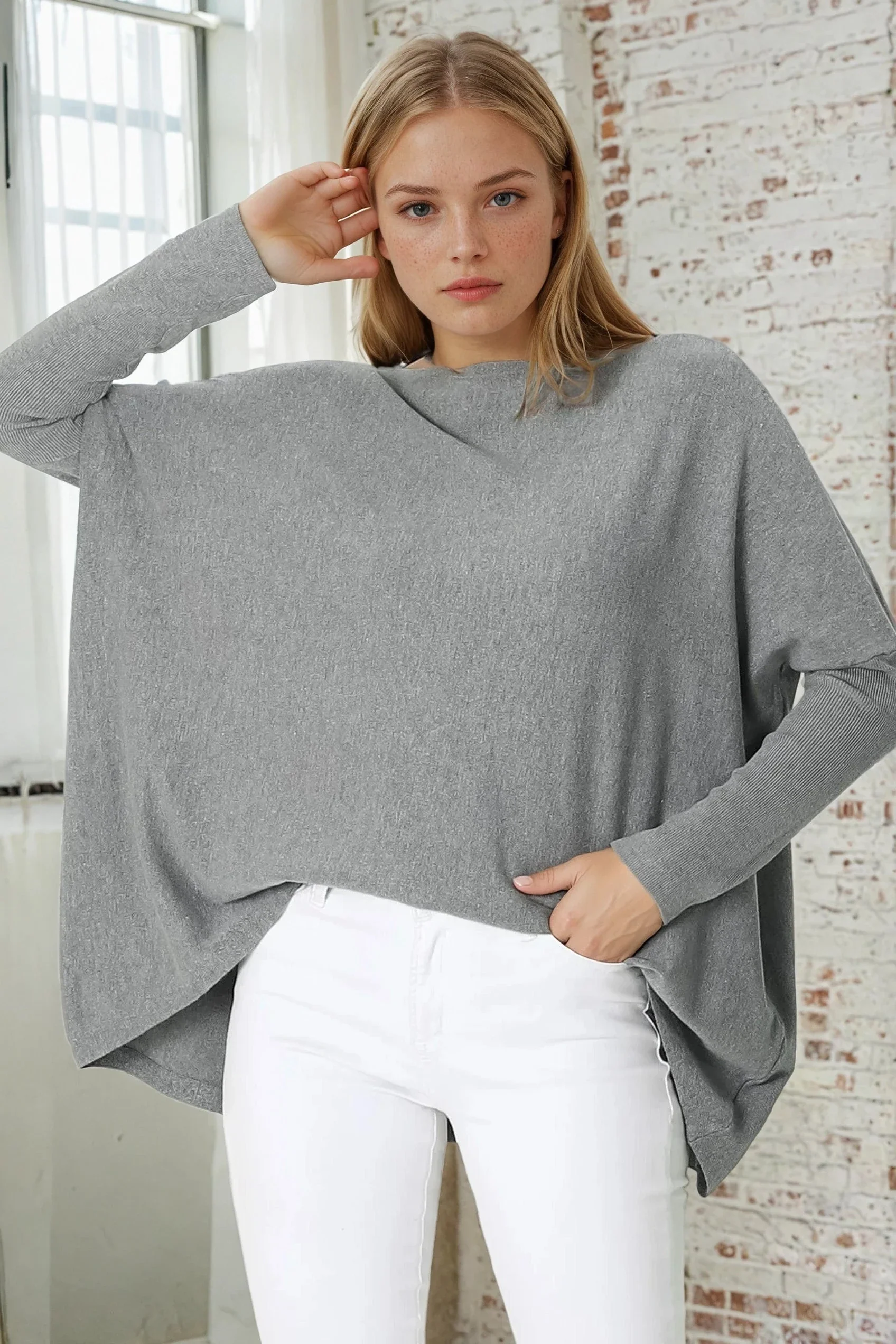 Belinda Knit Top - Boat Neckline Boxy Batwing Top in Grey - Image 4