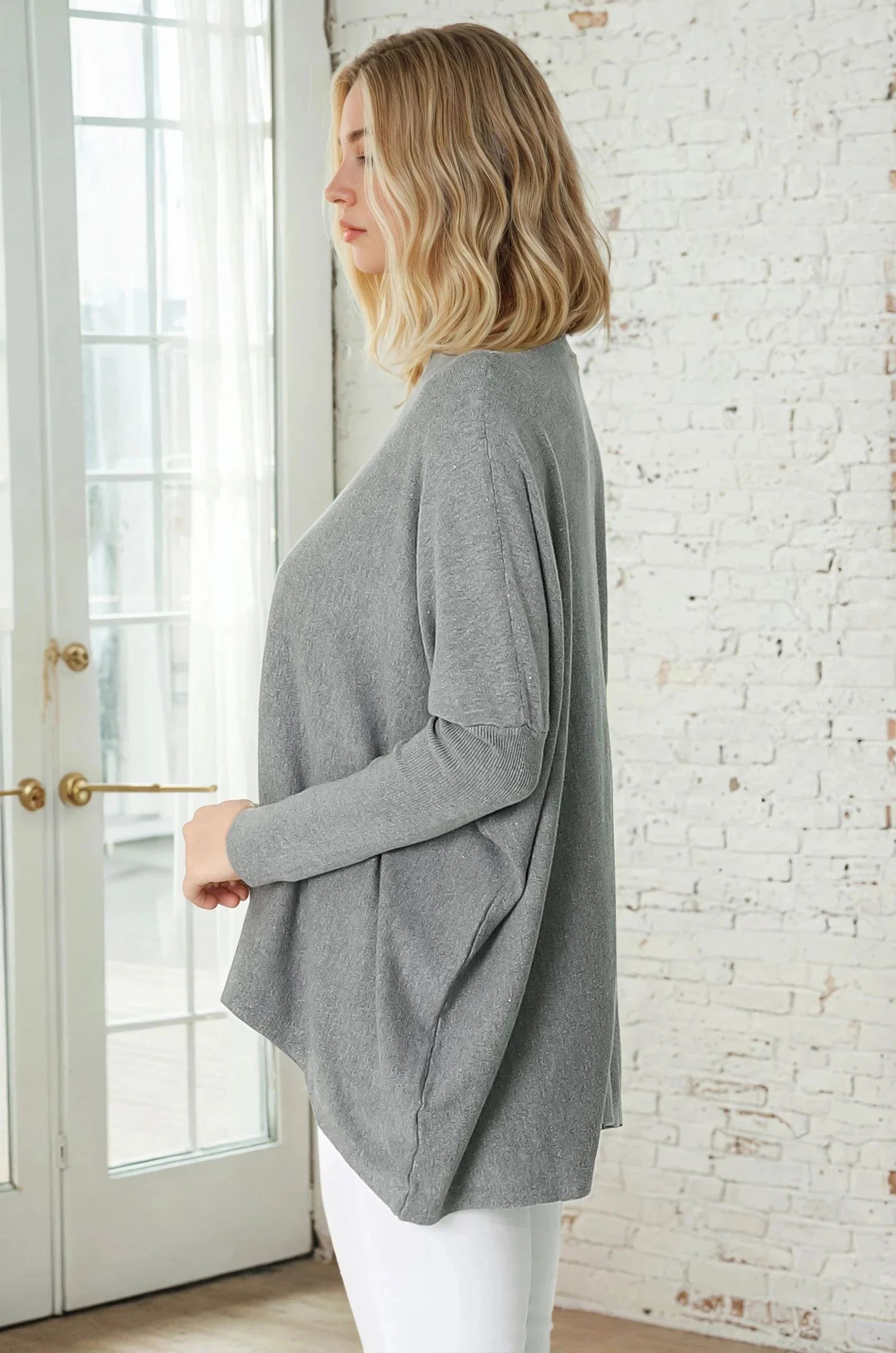Belinda Knit Top - Boat Neckline Boxy Batwing Top in Grey - Image 6