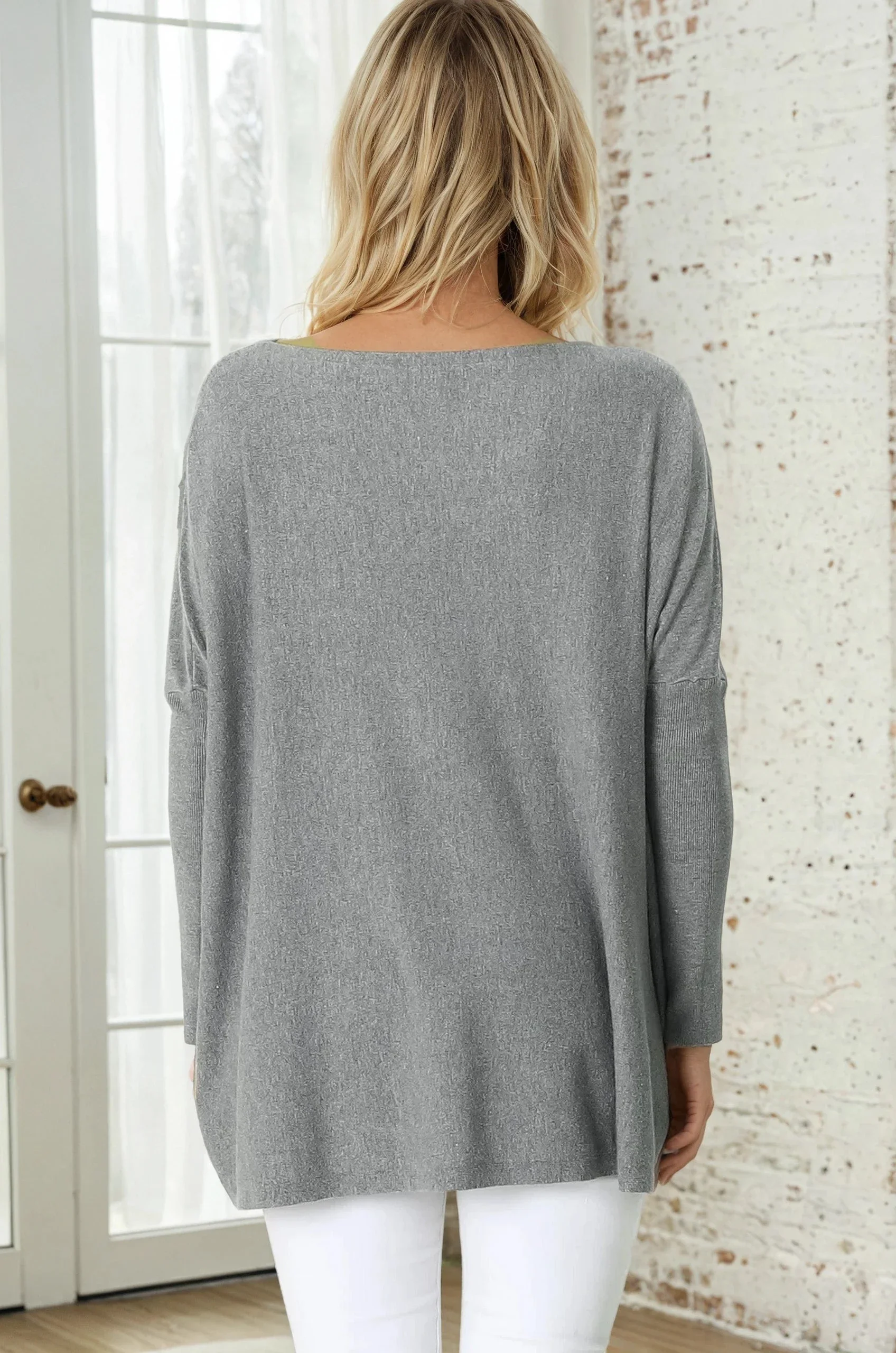 Belinda Knit Top - Boat Neckline Boxy Batwing Top in Grey - Image 7