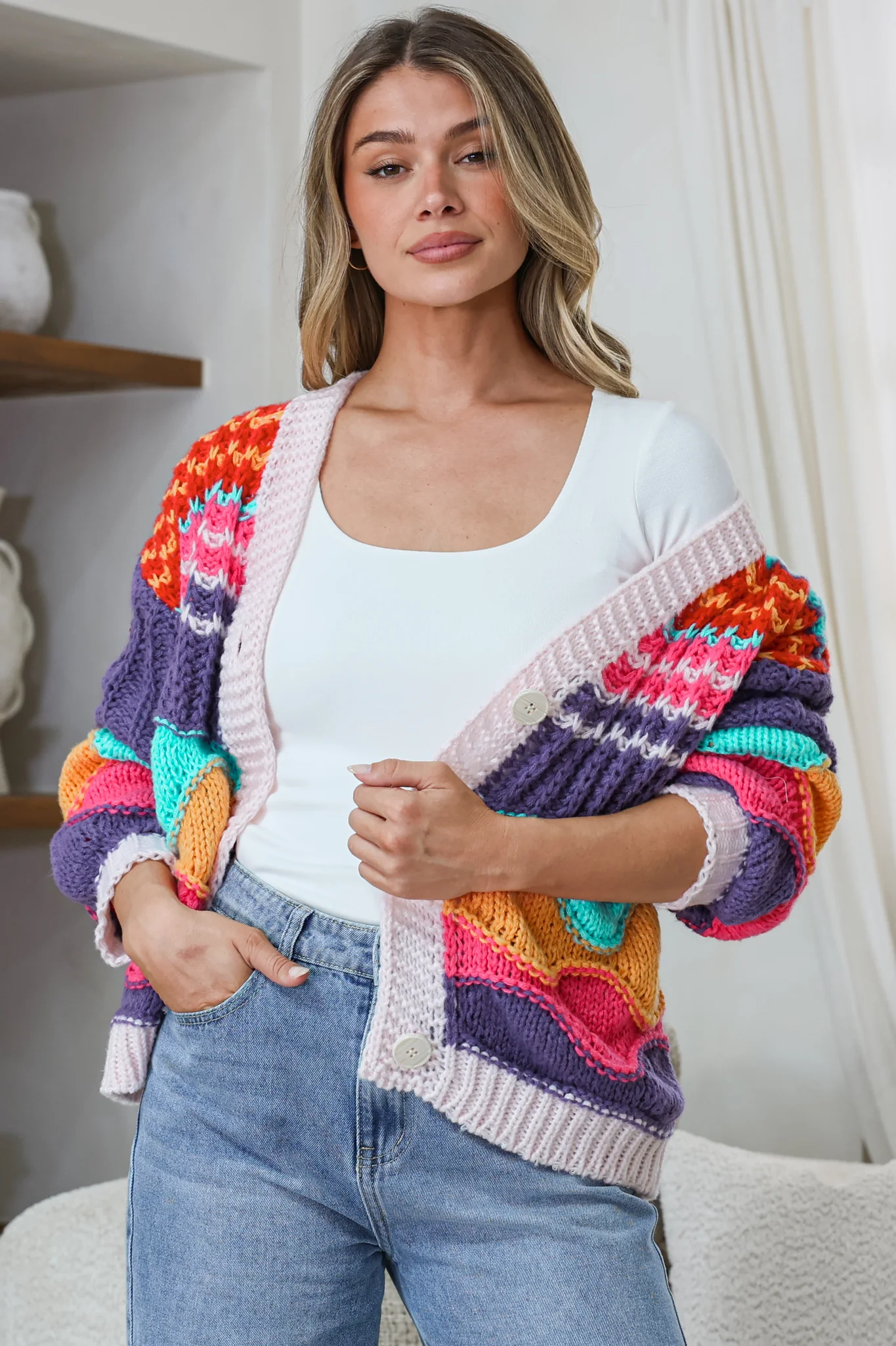 Bellamy Cardigan - Button Front V Neck Multicoloured Stripe Knit in Pink - Image 2