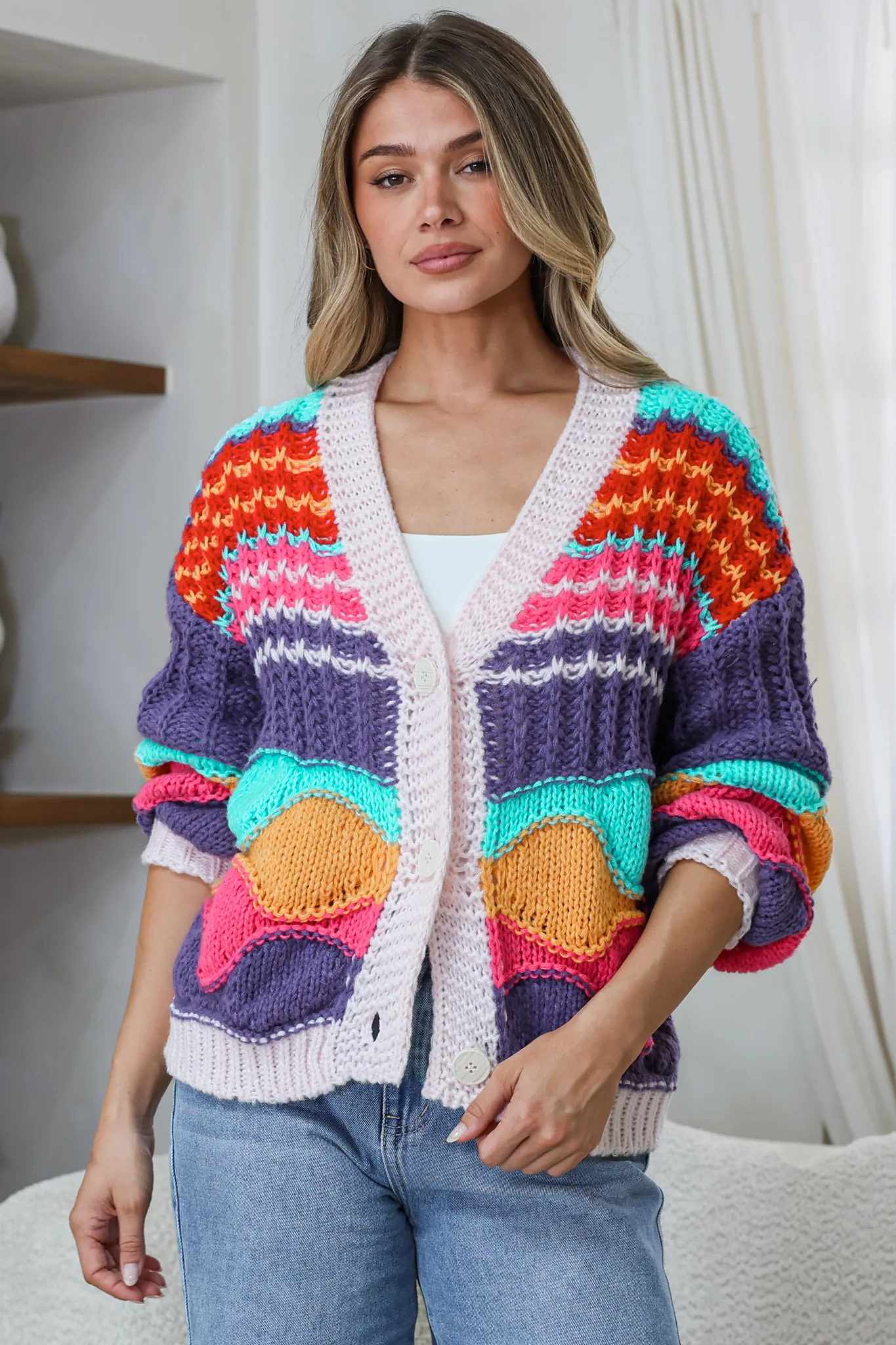 Bellamy Cardigan - Button Front V Neck Multicoloured Stripe Knit in Pink - Image 3