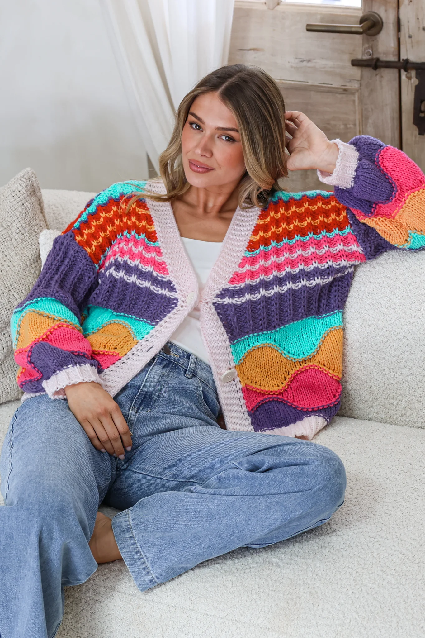 Bellamy Cardigan - Button Front V Neck Multicoloured Stripe Knit in Pink - Image 4