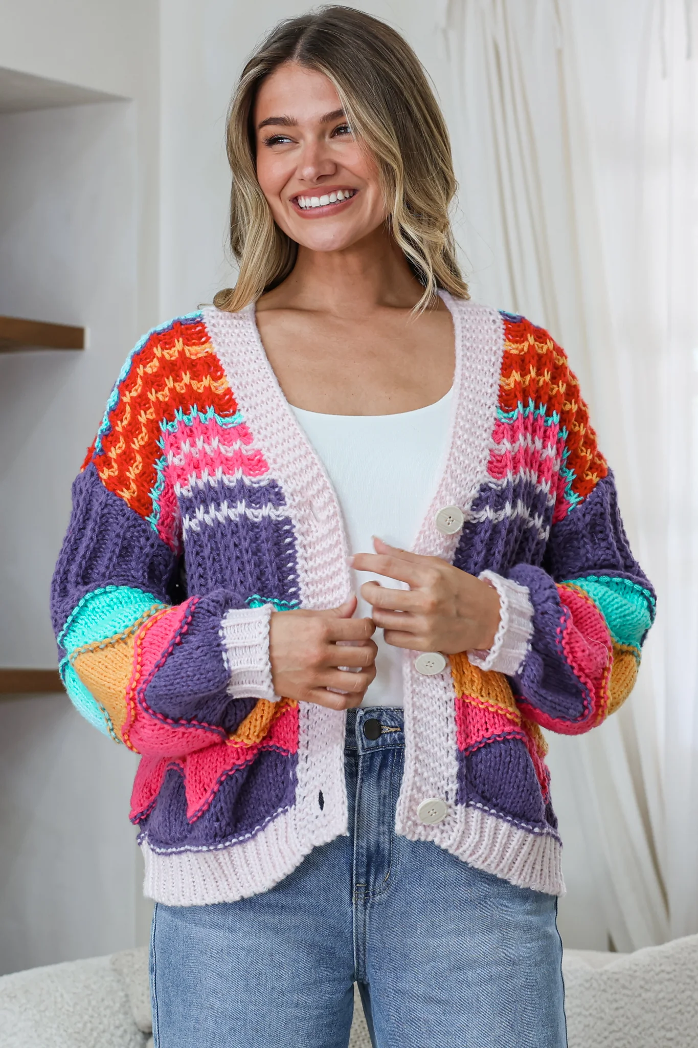 Bellamy Cardigan - Button Front V Neck Multicoloured Stripe Knit in Pink - Image 5
