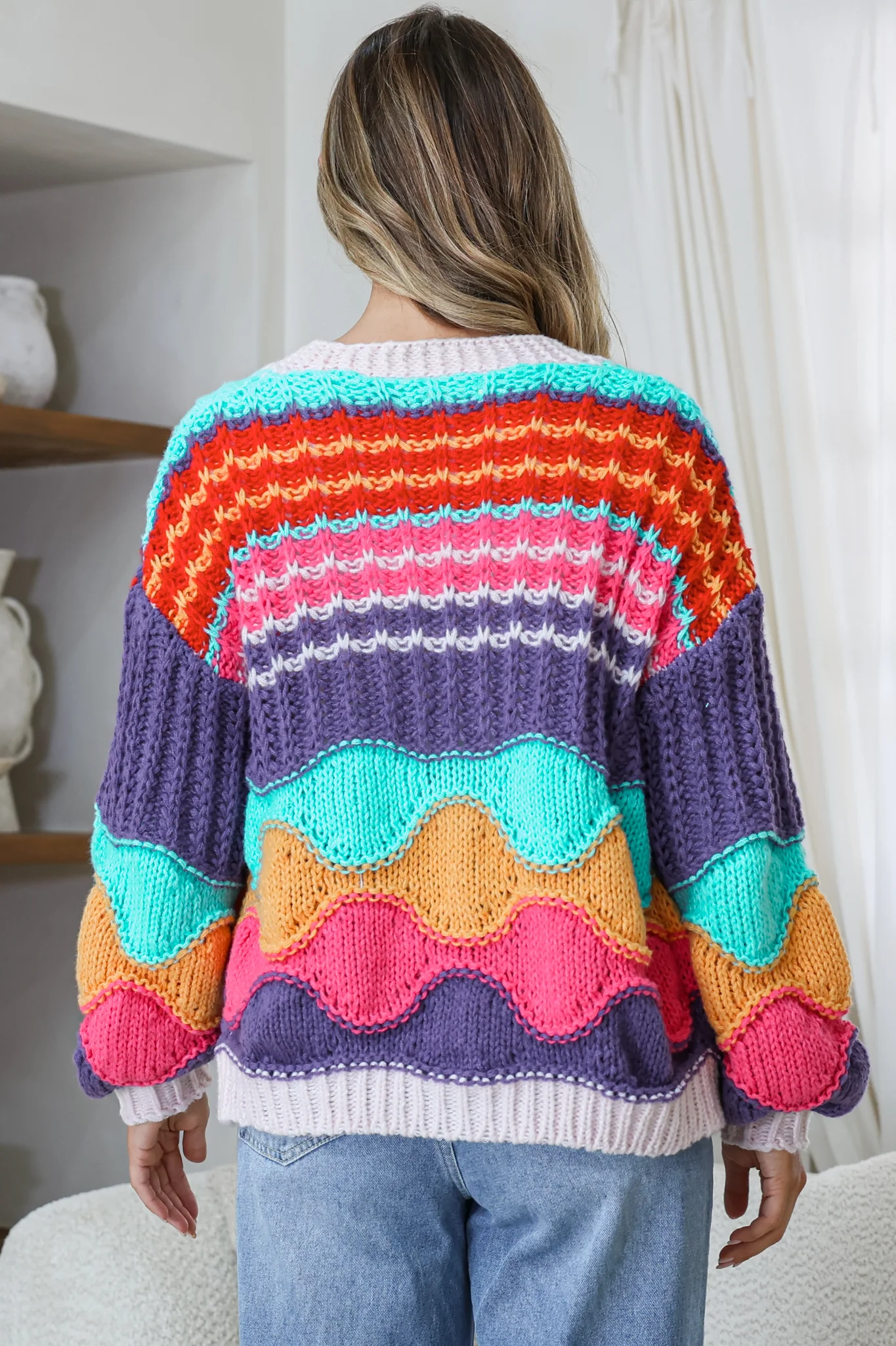 Bellamy Cardigan - Button Front V Neck Multicoloured Stripe Knit in Pink - Image 7