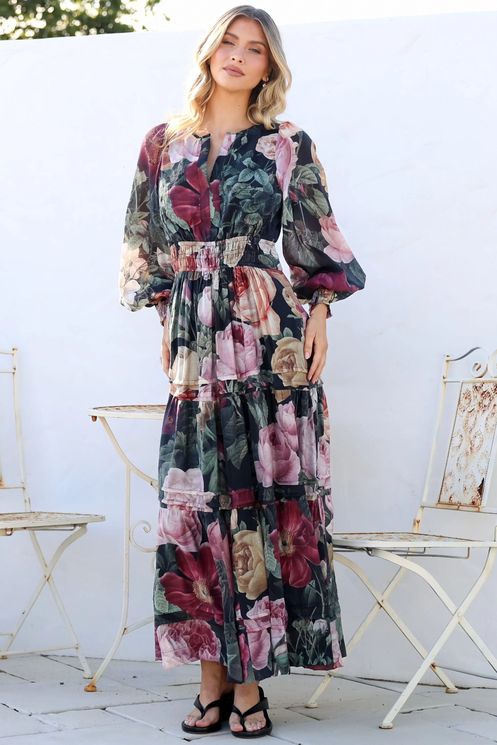 Bennett Maxi Dress - Split Crew Neck A-Line Tiered Dress with Pleat Details in Annalisa Print - Image 2