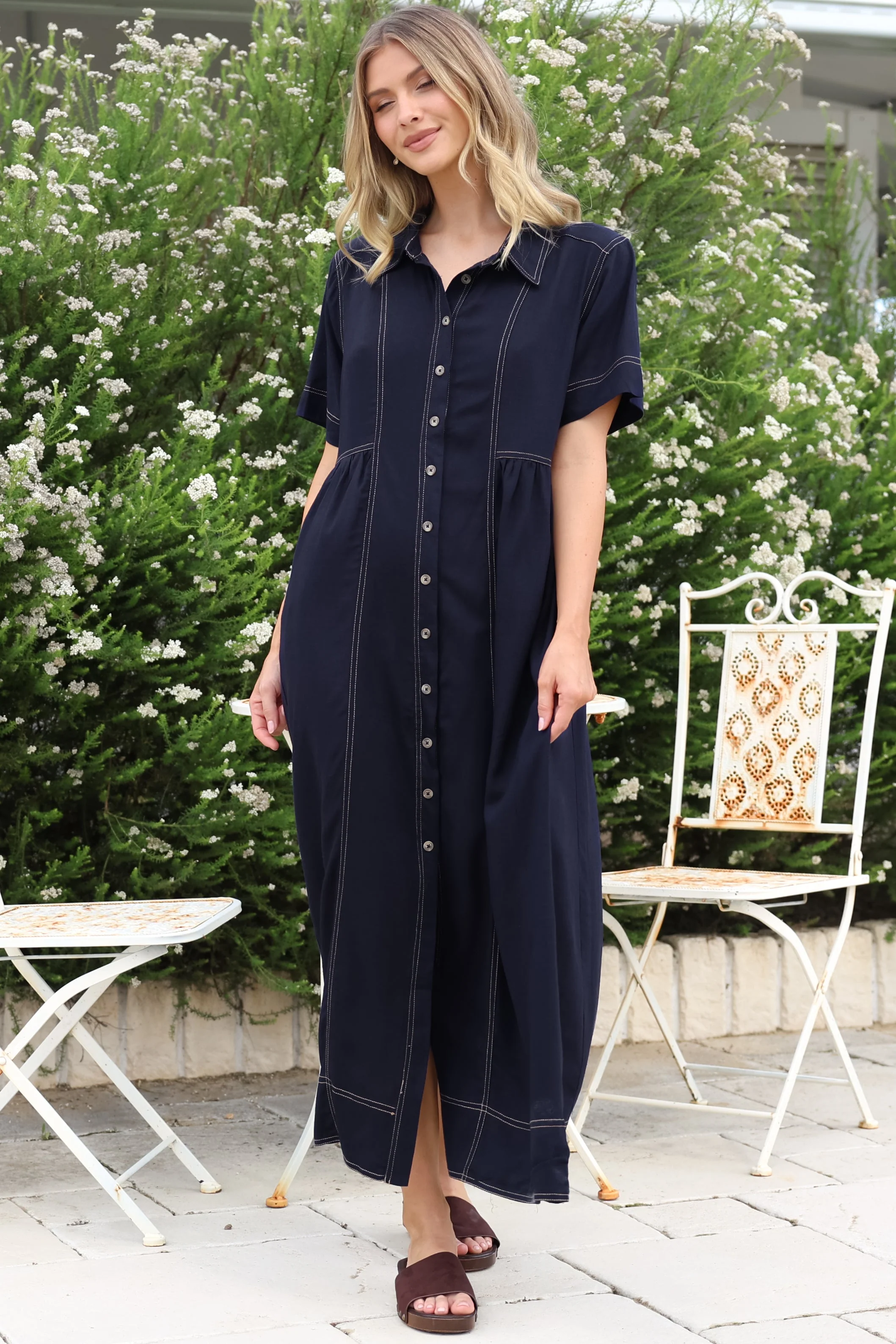 Bento Midi Dress - Wing Collar Button Down Shirt Dress with Contrast Stitching in Indigo - Image 2