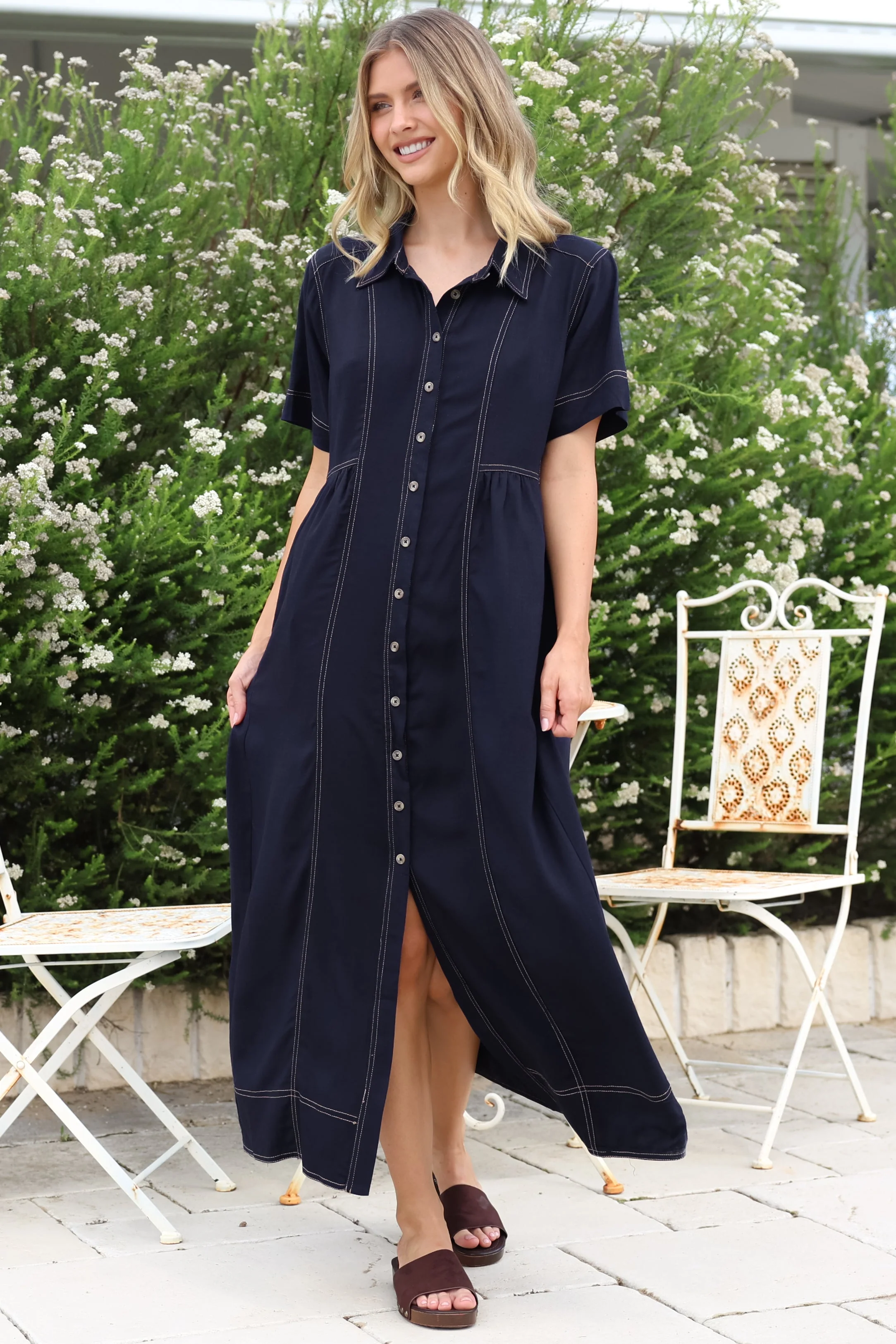 Bento Midi Dress - Wing Collar Button Down Shirt Dress with Contrast Stitching in Indigo - Image 3