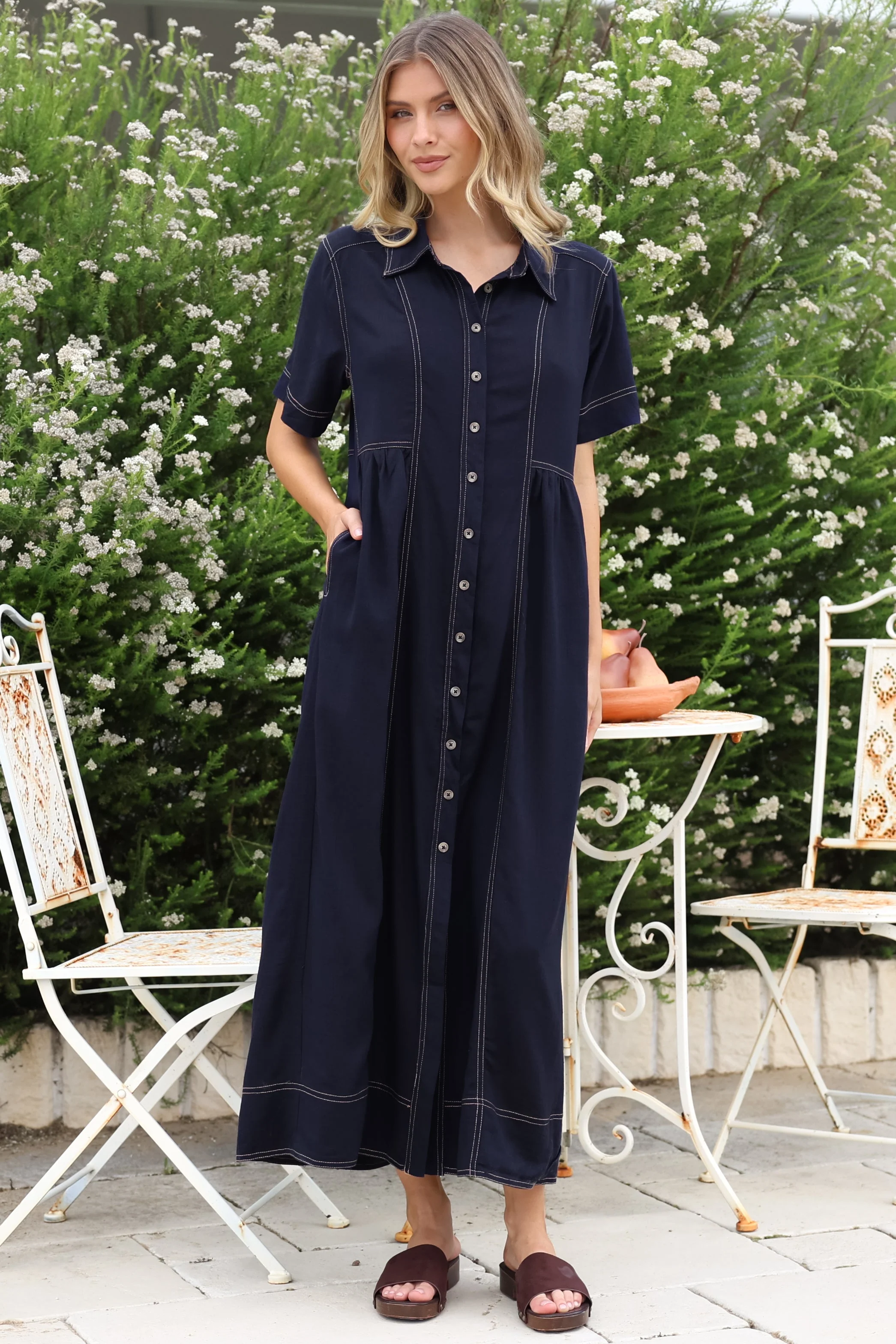 Bento Midi Dress - Wing Collar Button Down Shirt Dress with Contrast Stitching in Indigo - Image 4