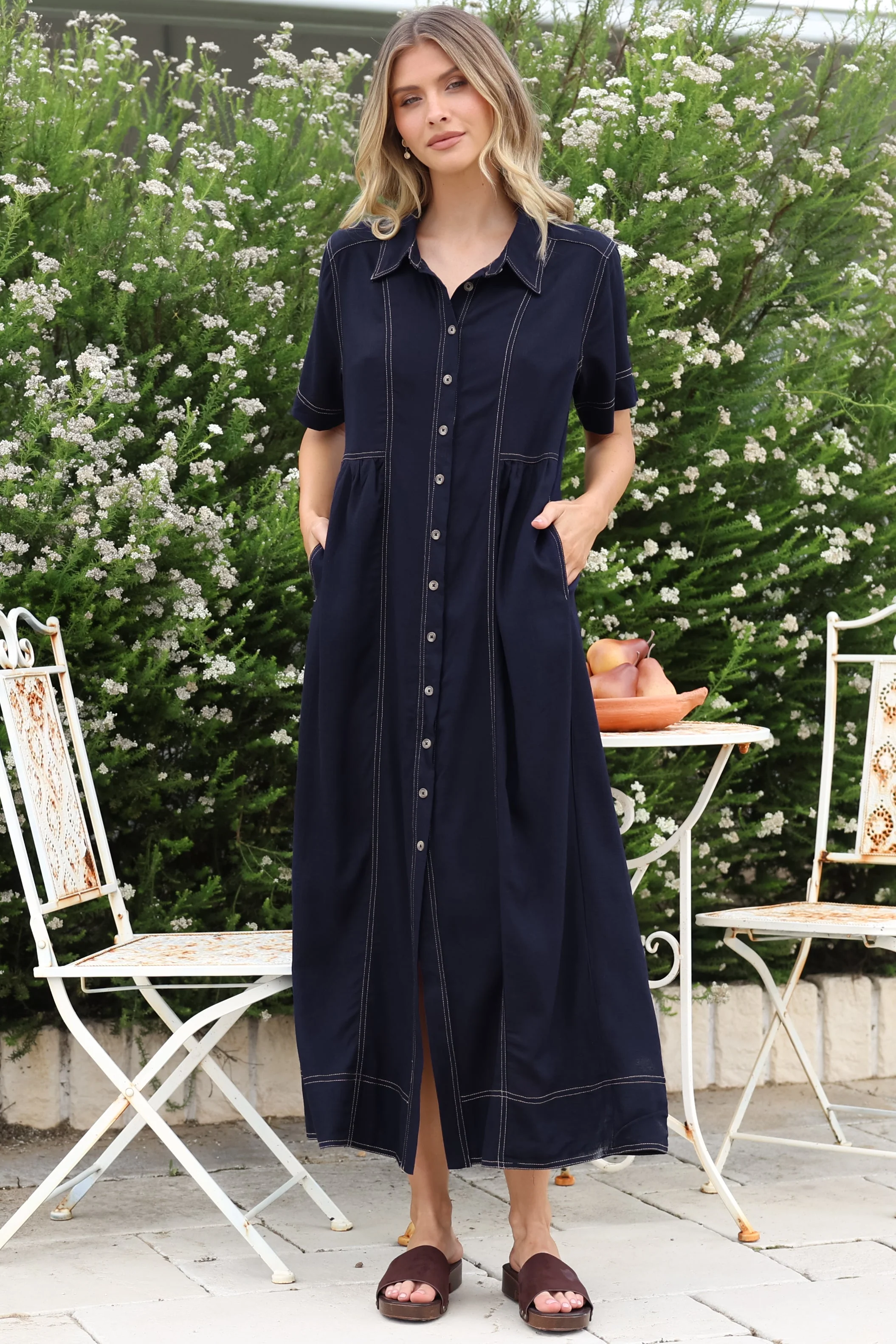 Bento Midi Dress - Wing Collar Button Down Shirt Dress with Contrast Stitching in Indigo - Image 5