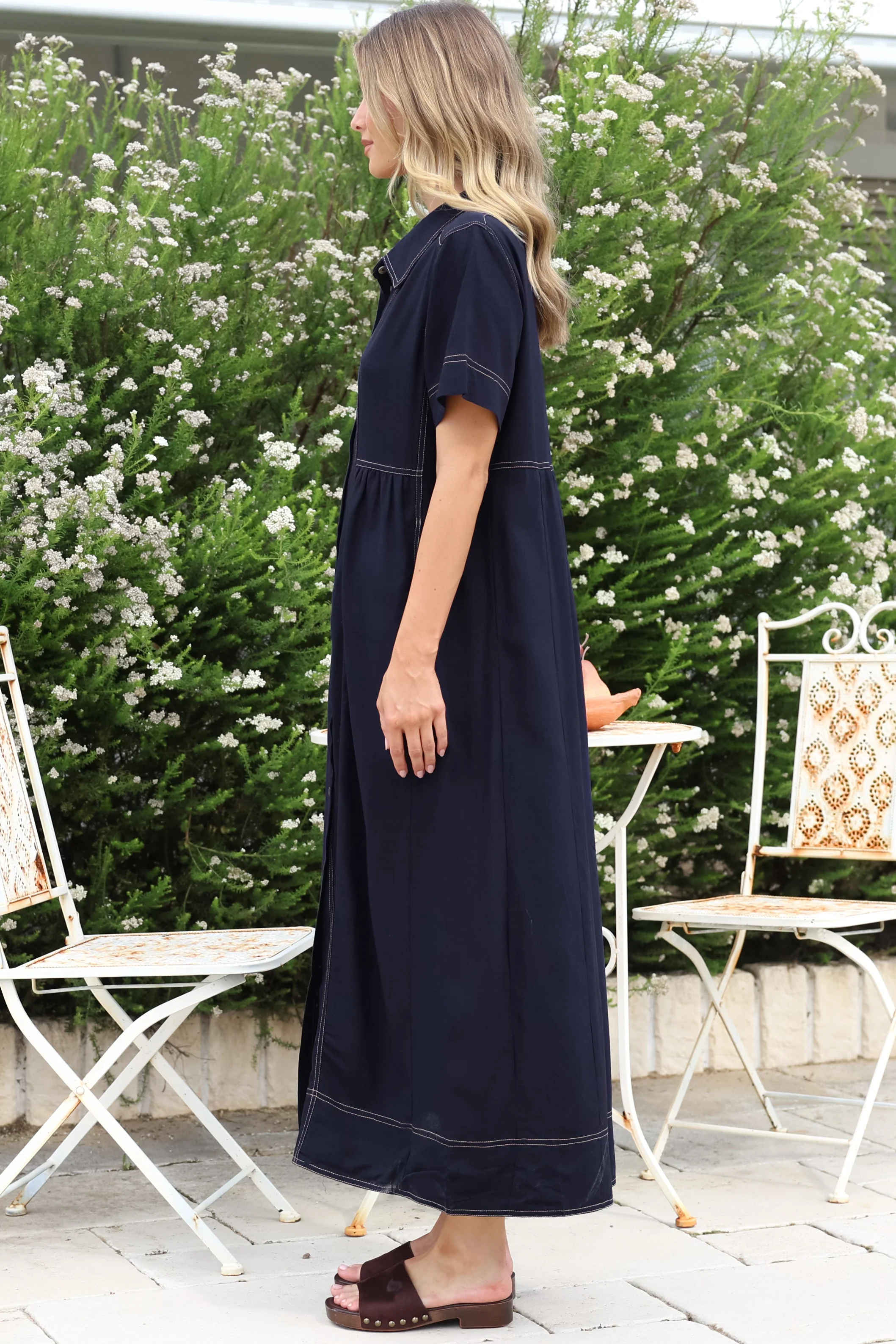 Bento Midi Dress - Wing Collar Button Down Shirt Dress with Contrast Stitching in Indigo - Image 6