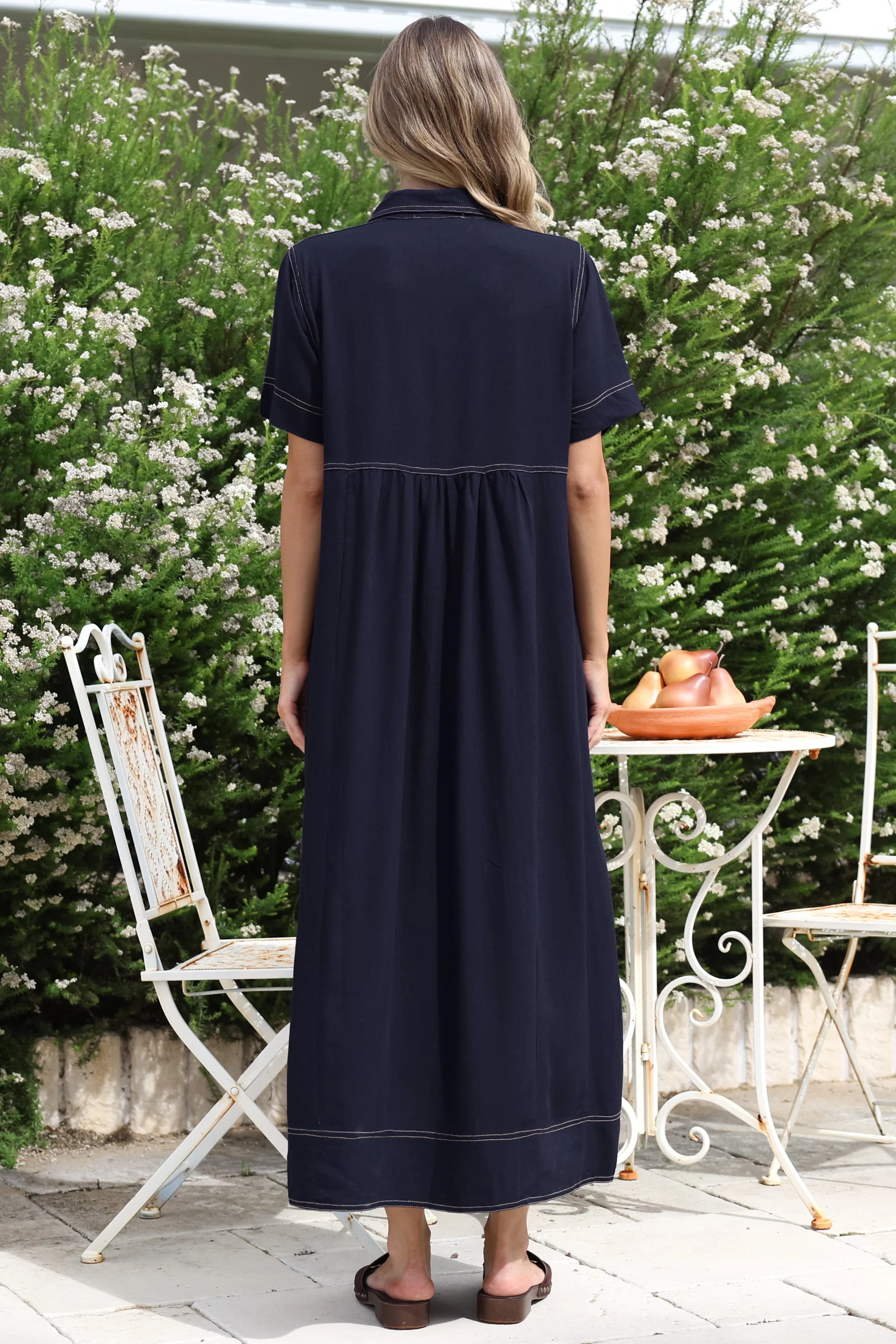 Bento Midi Dress - Wing Collar Button Down Shirt Dress with Contrast Stitching in Indigo - Image 7