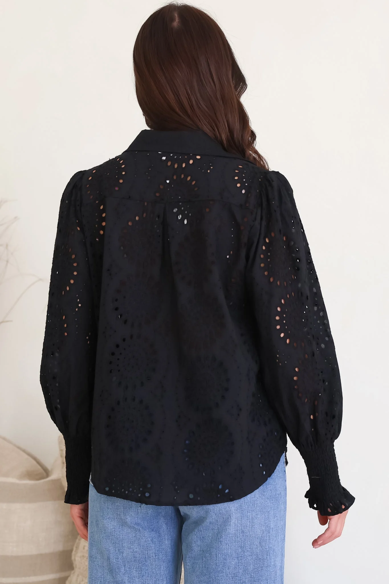 Benton Blouse - Hollow Out Embroidered Button Down Shirt in Black - Image 10
