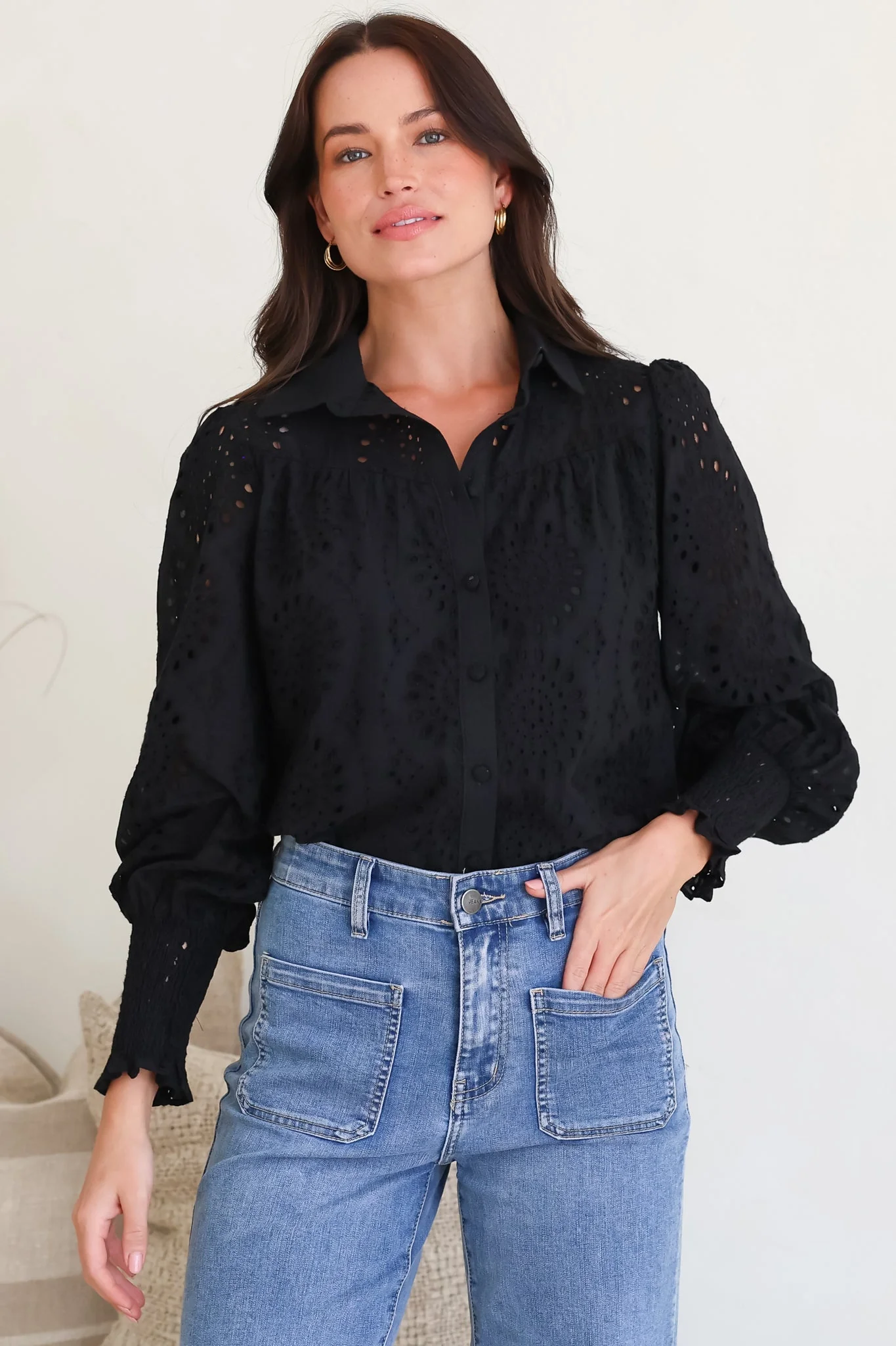 Benton Blouse - Hollow Out Embroidered Button Down Shirt in Black - Image 4