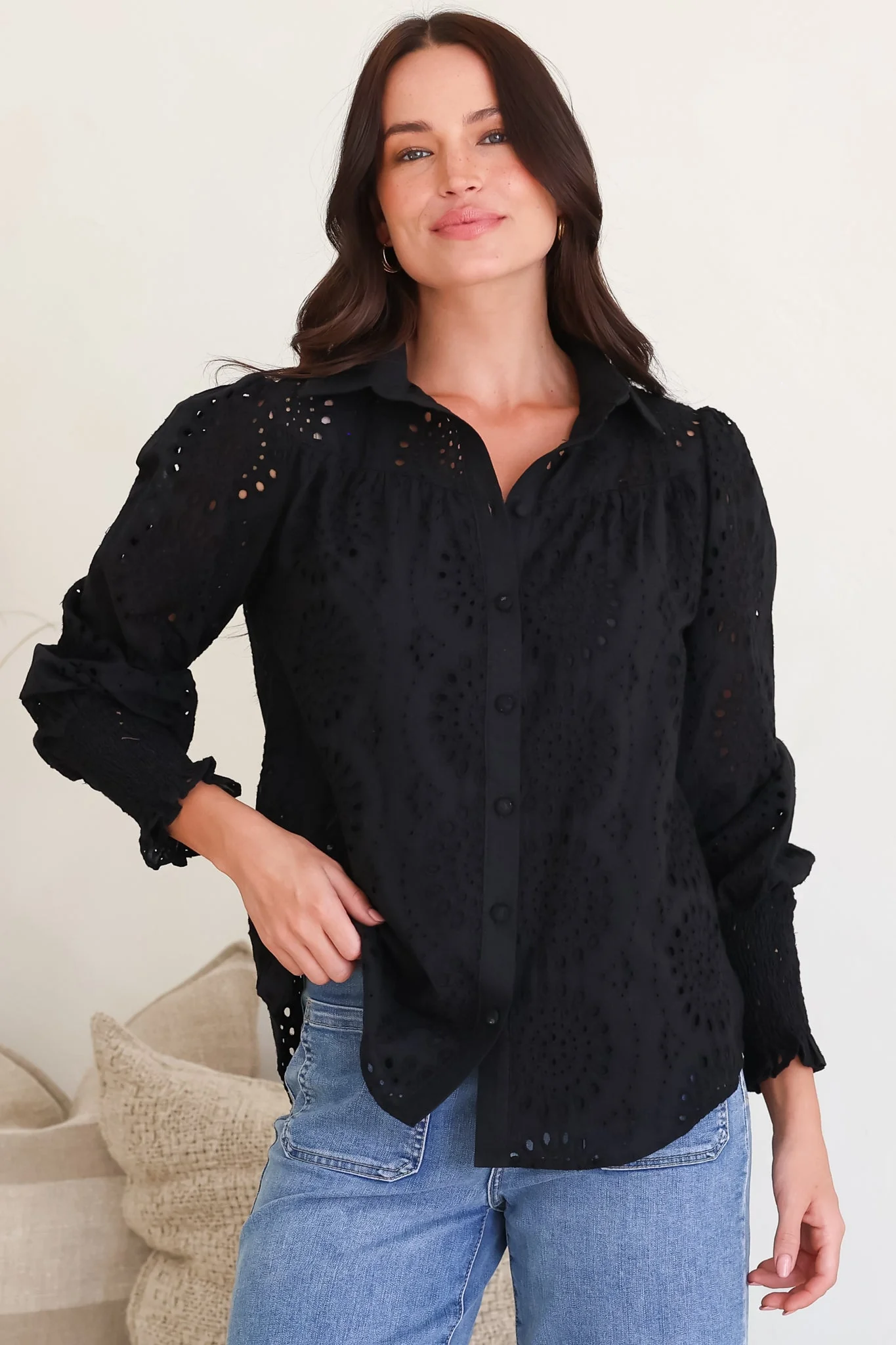Benton Blouse - Hollow Out Embroidered Button Down Shirt in Black - Image 5