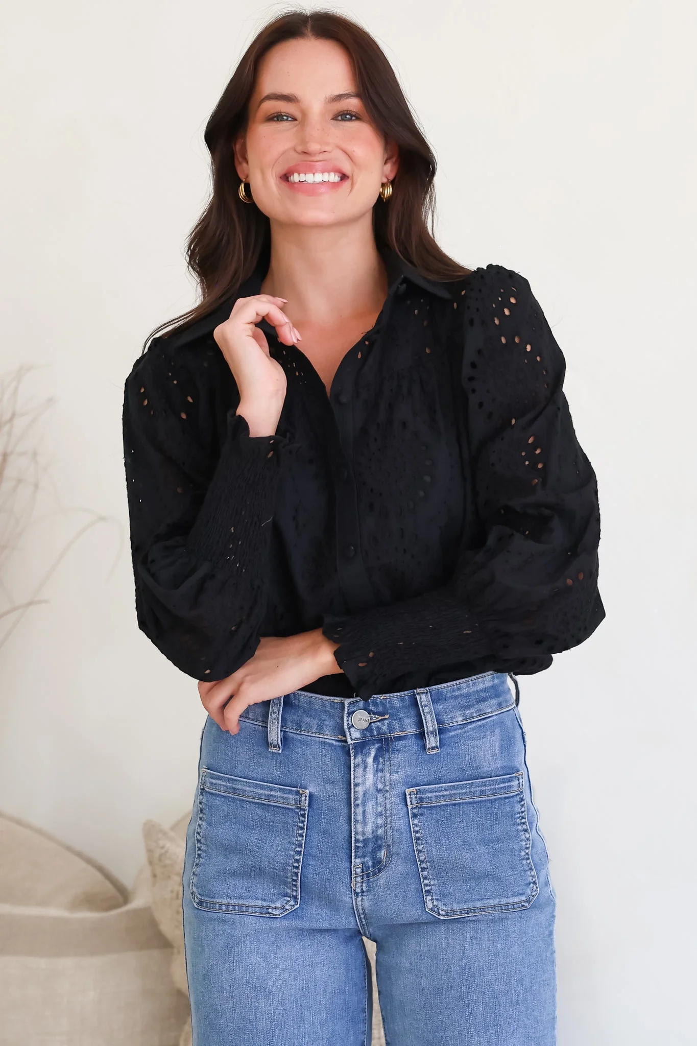Benton Blouse - Hollow Out Embroidered Button Down Shirt in Black - Image 6