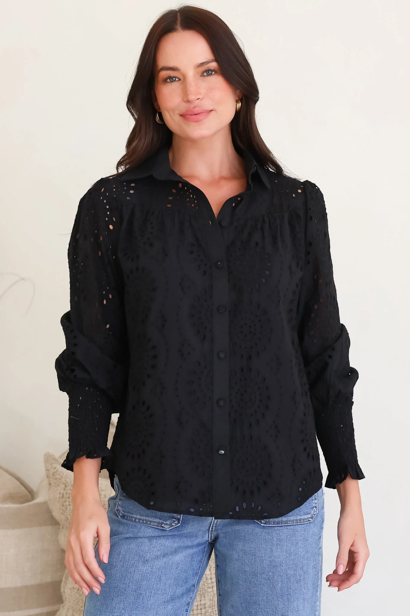 Benton Blouse - Hollow Out Embroidered Button Down Shirt in Black - Image 7