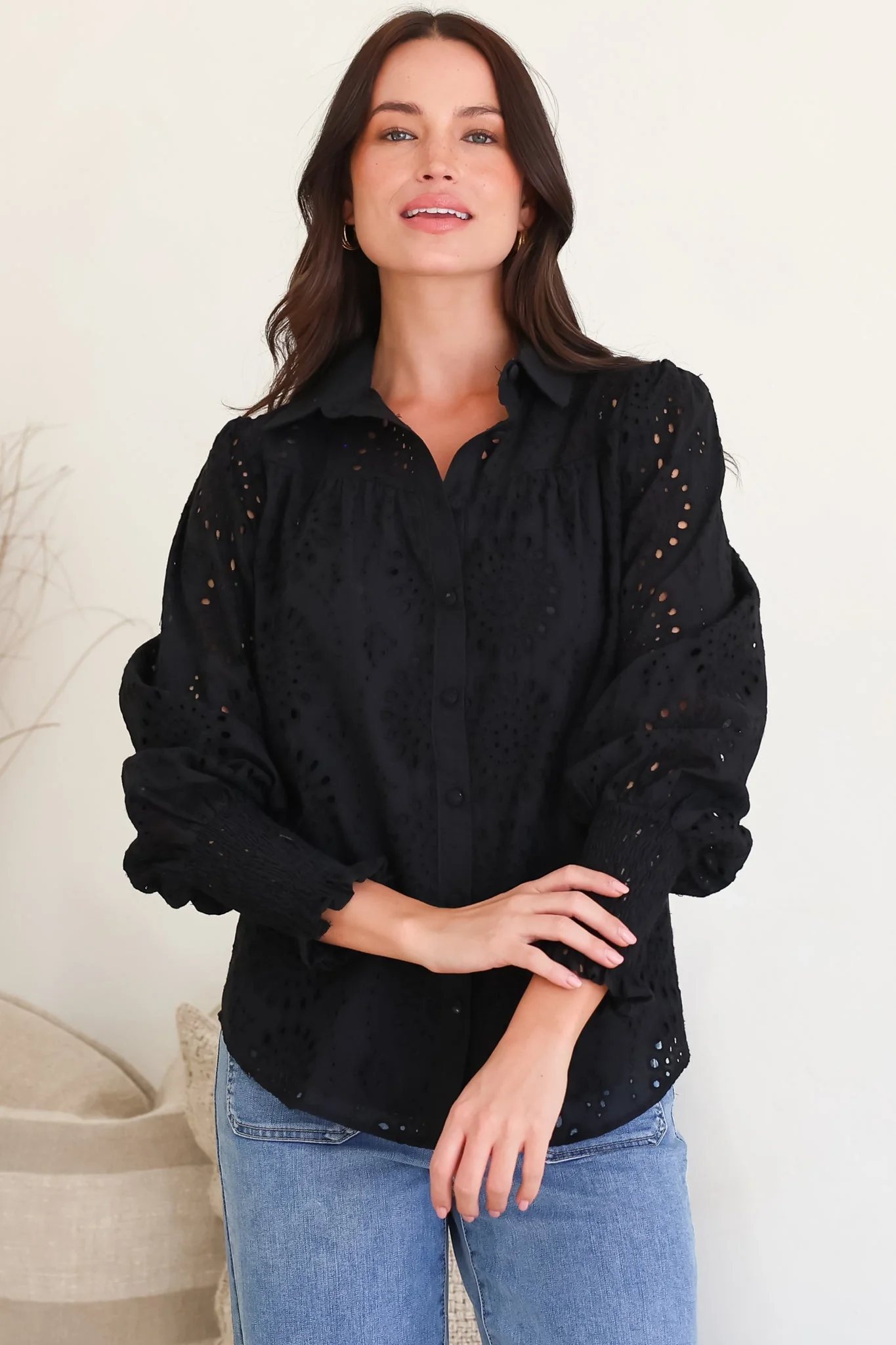 Benton Blouse - Hollow Out Embroidered Button Down Shirt in Black - Image 8