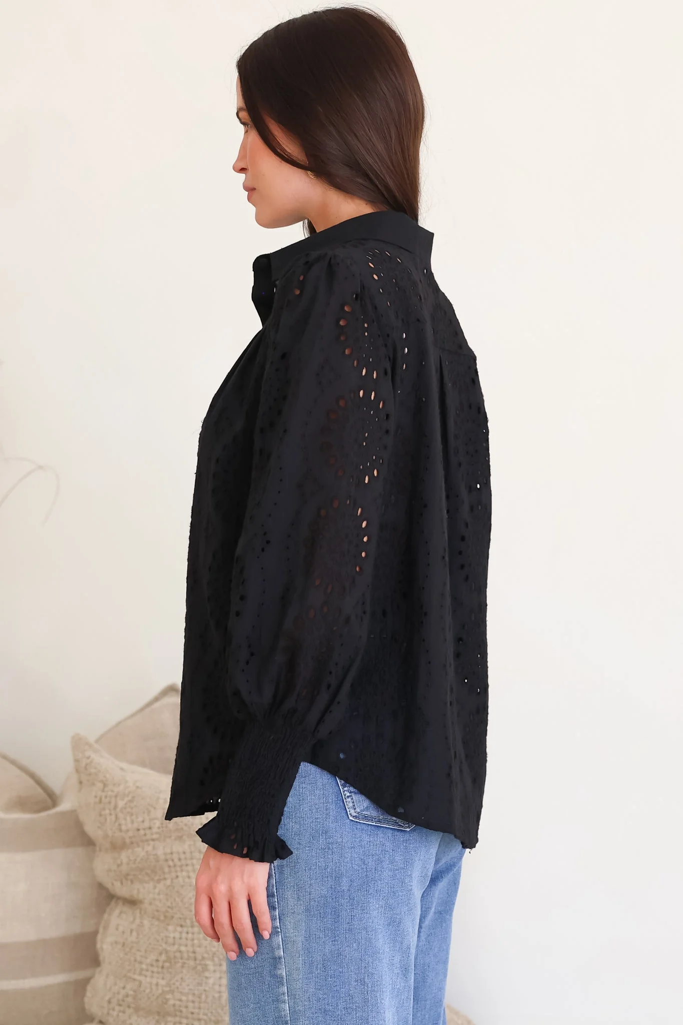 Benton Blouse - Hollow Out Embroidered Button Down Shirt in Black - Image 9