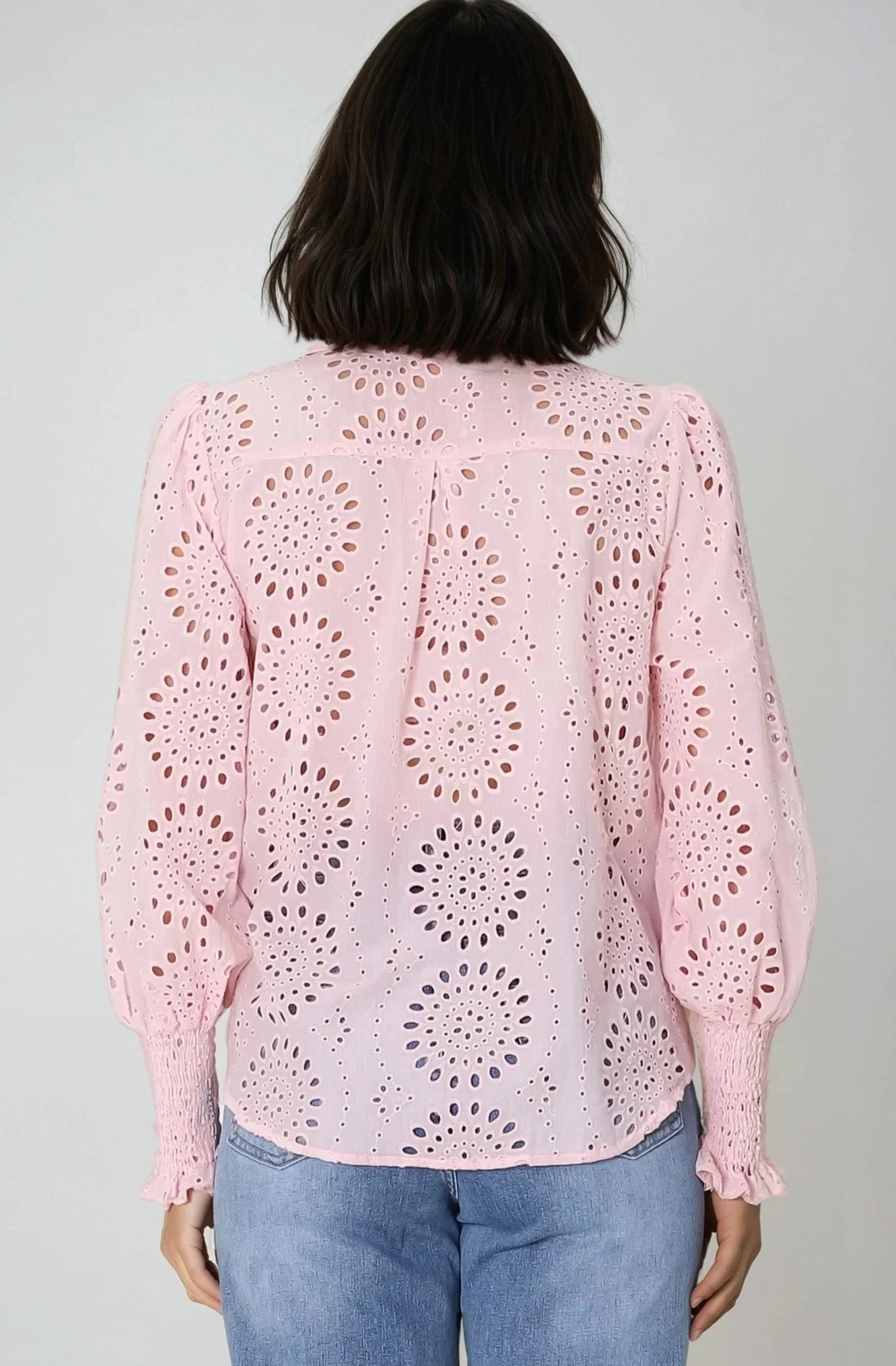 Benton Blouse - Hollow Out Embroidered Button Down Shirt in Pink - Image 10
