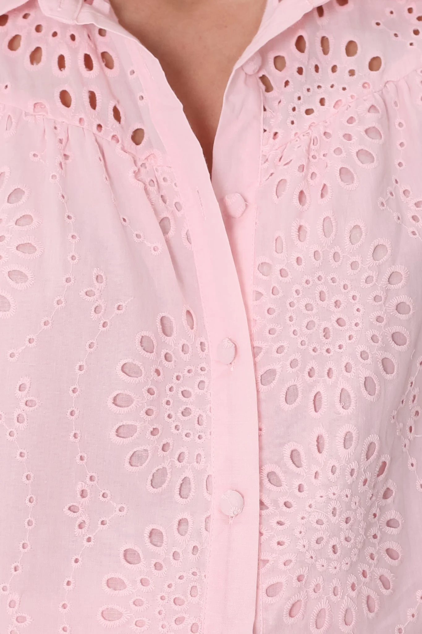 Benton Blouse - Hollow Out Embroidered Button Down Shirt in Pink - Image 11