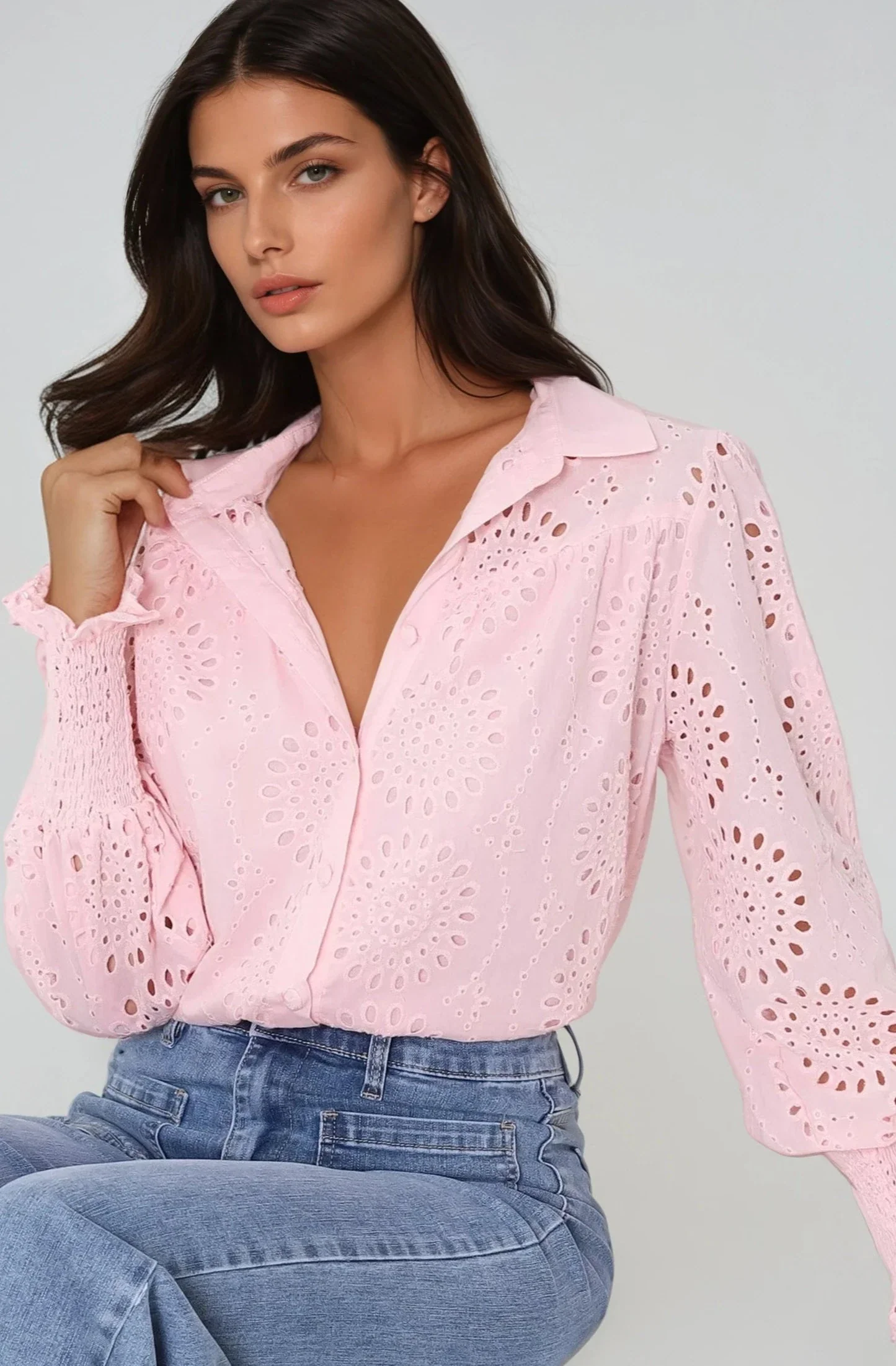Benton Blouse - Hollow Out Embroidered Button Down Shirt in Pink - Image 2