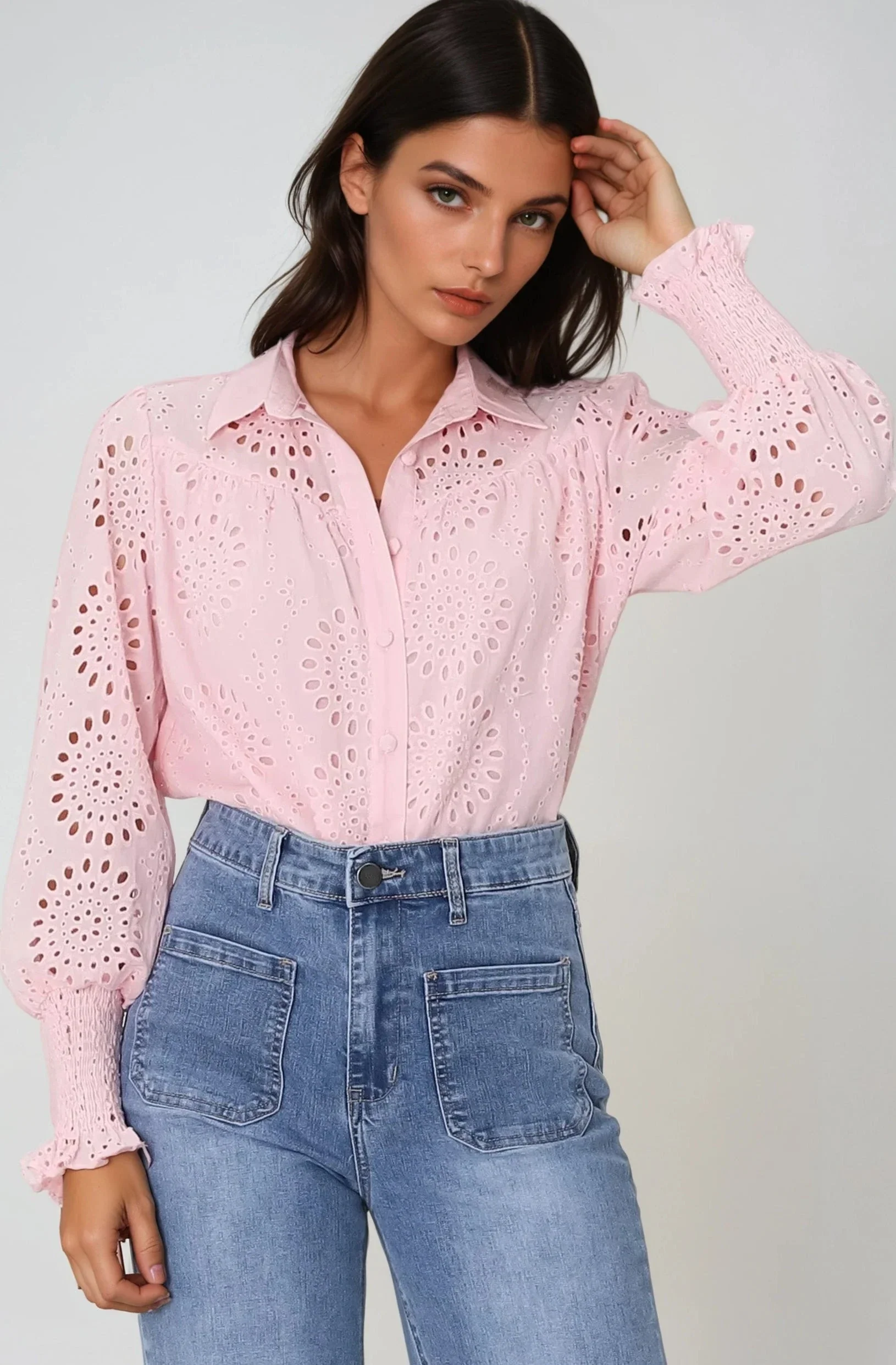Benton Blouse - Hollow Out Embroidered Button Down Shirt in Pink - Image 3