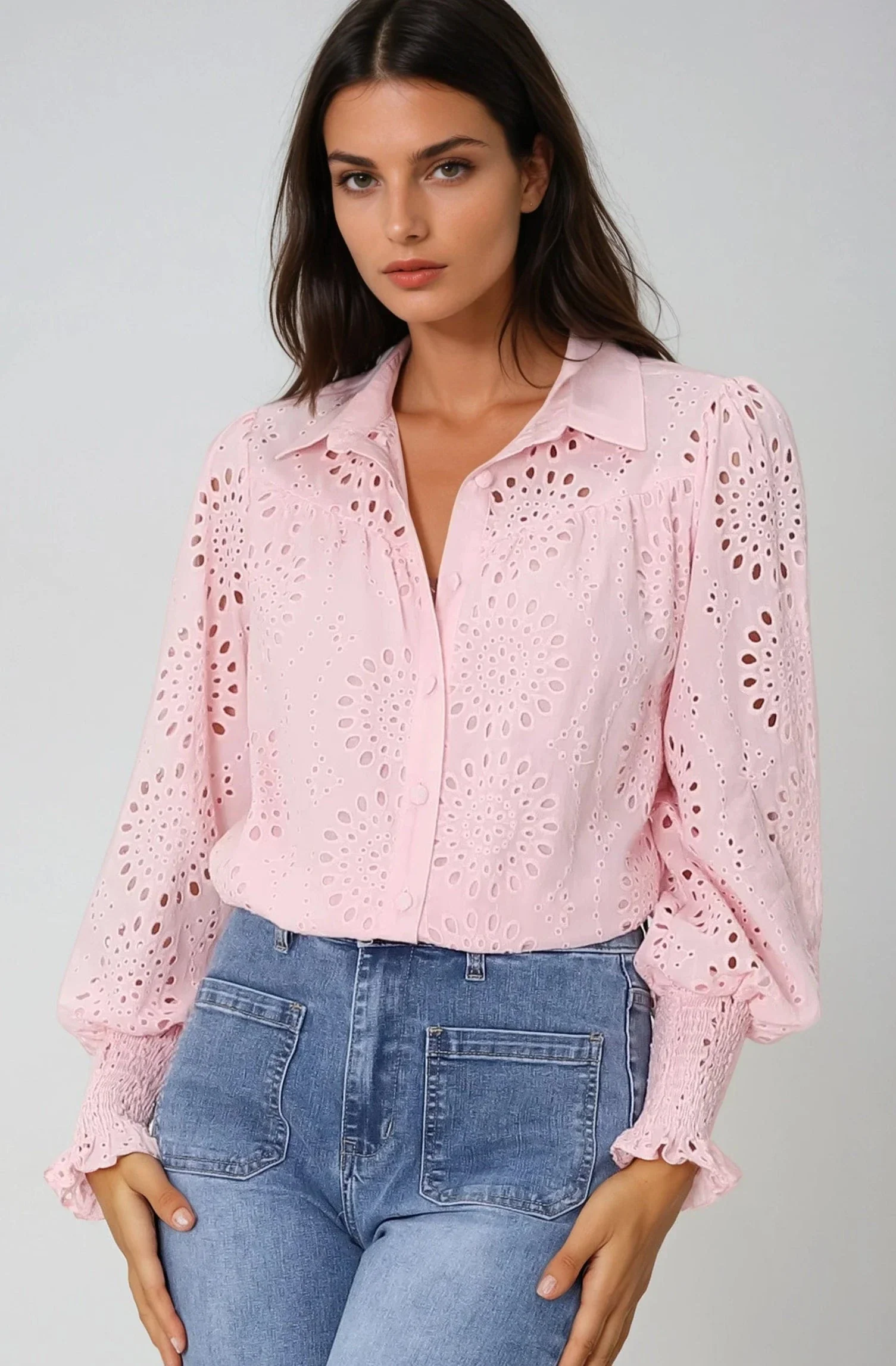Benton Blouse - Hollow Out Embroidered Button Down Shirt in Pink - Image 4