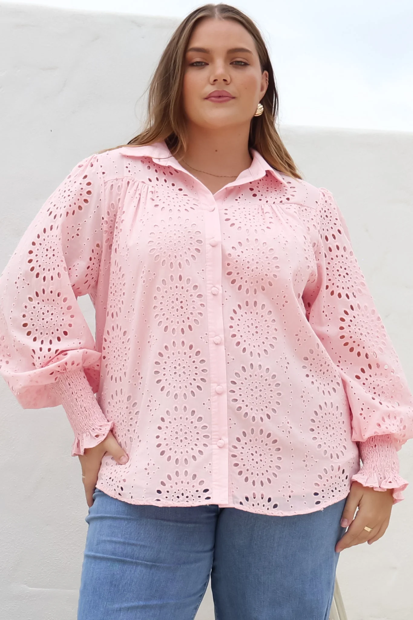 Benton Blouse - Hollow Out Embroidered Button Down Shirt in Pink - Image 5