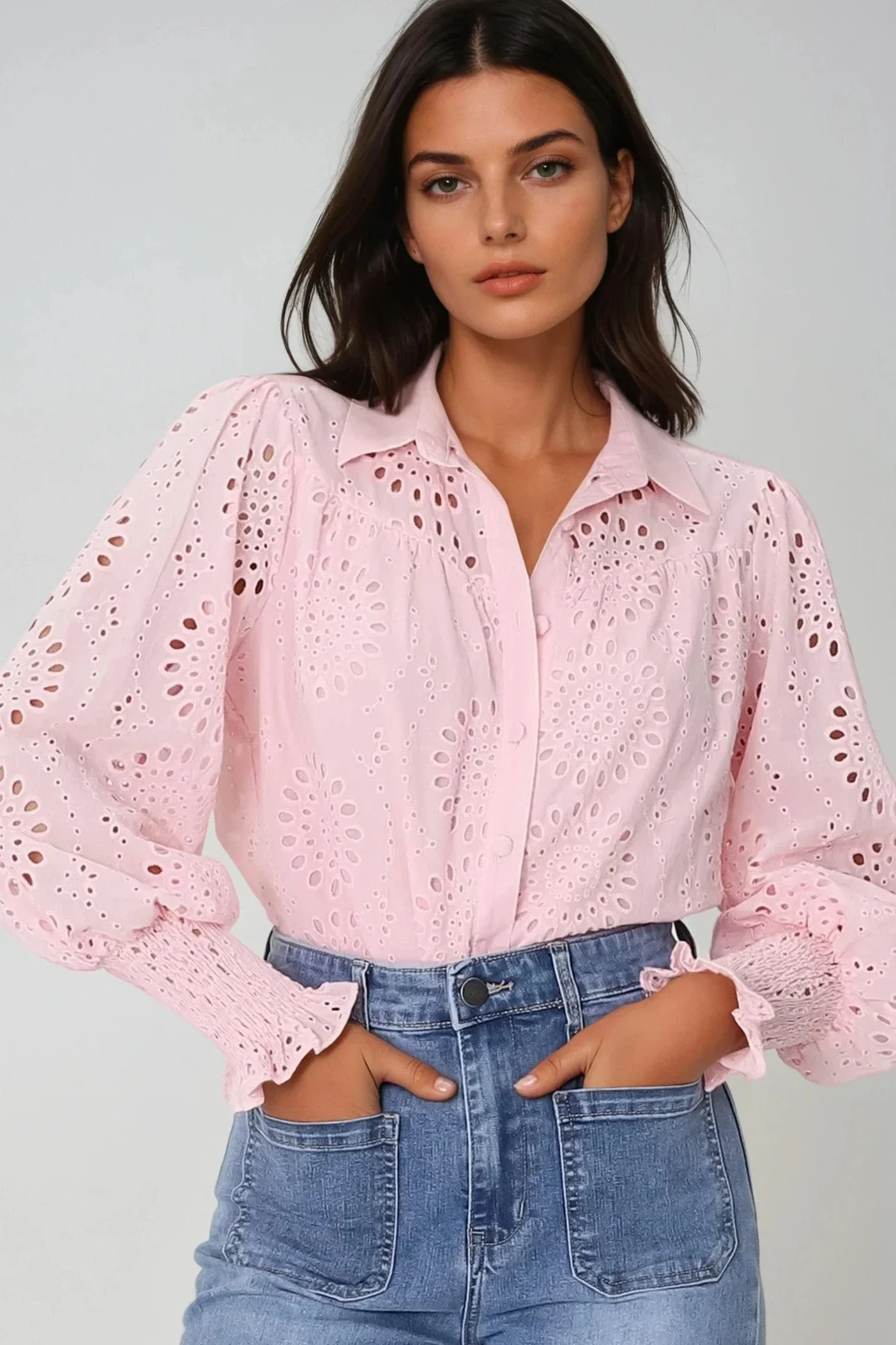 Benton Blouse - Hollow Out Embroidered Button Down Shirt in Pink - Image 6