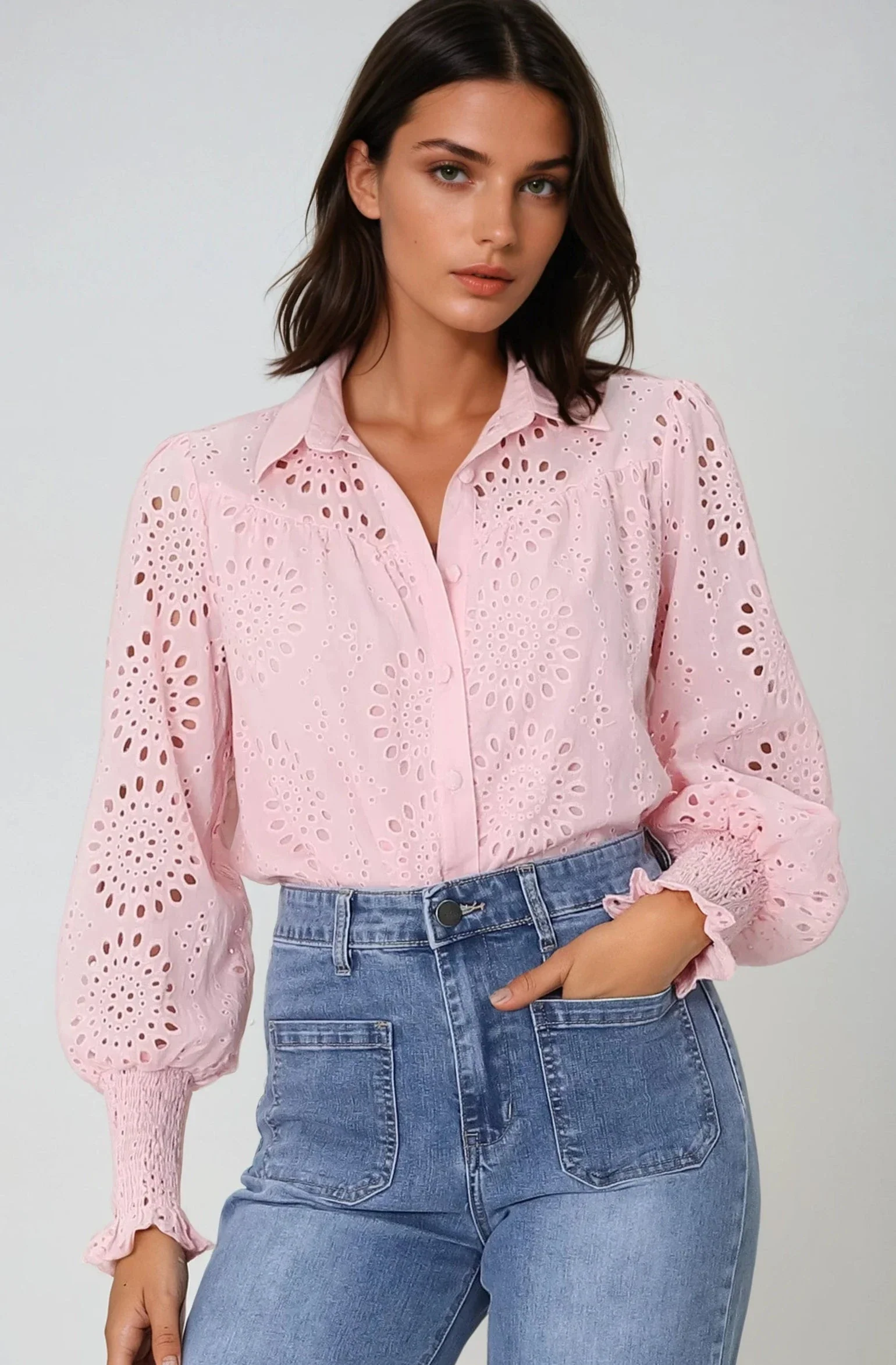 Benton Blouse - Hollow Out Embroidered Button Down Shirt in Pink - Image 7