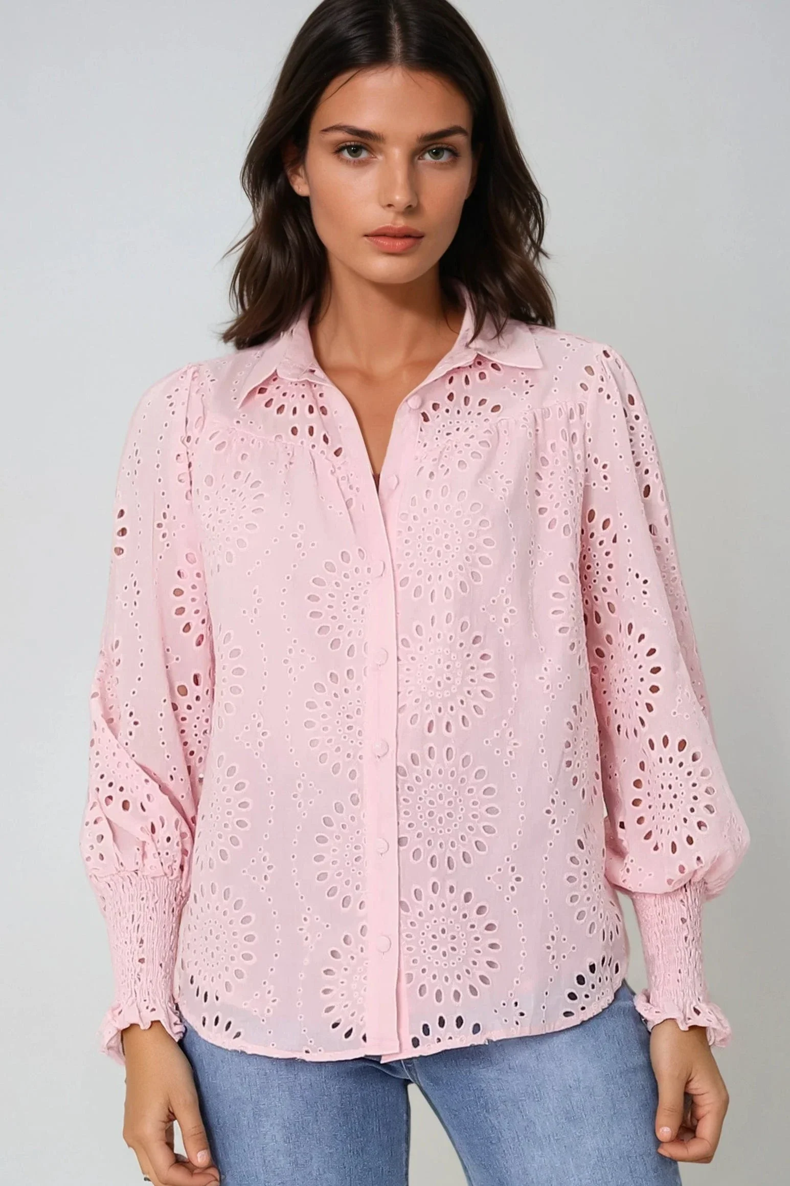Benton Blouse - Hollow Out Embroidered Button Down Shirt in Pink - Image 8