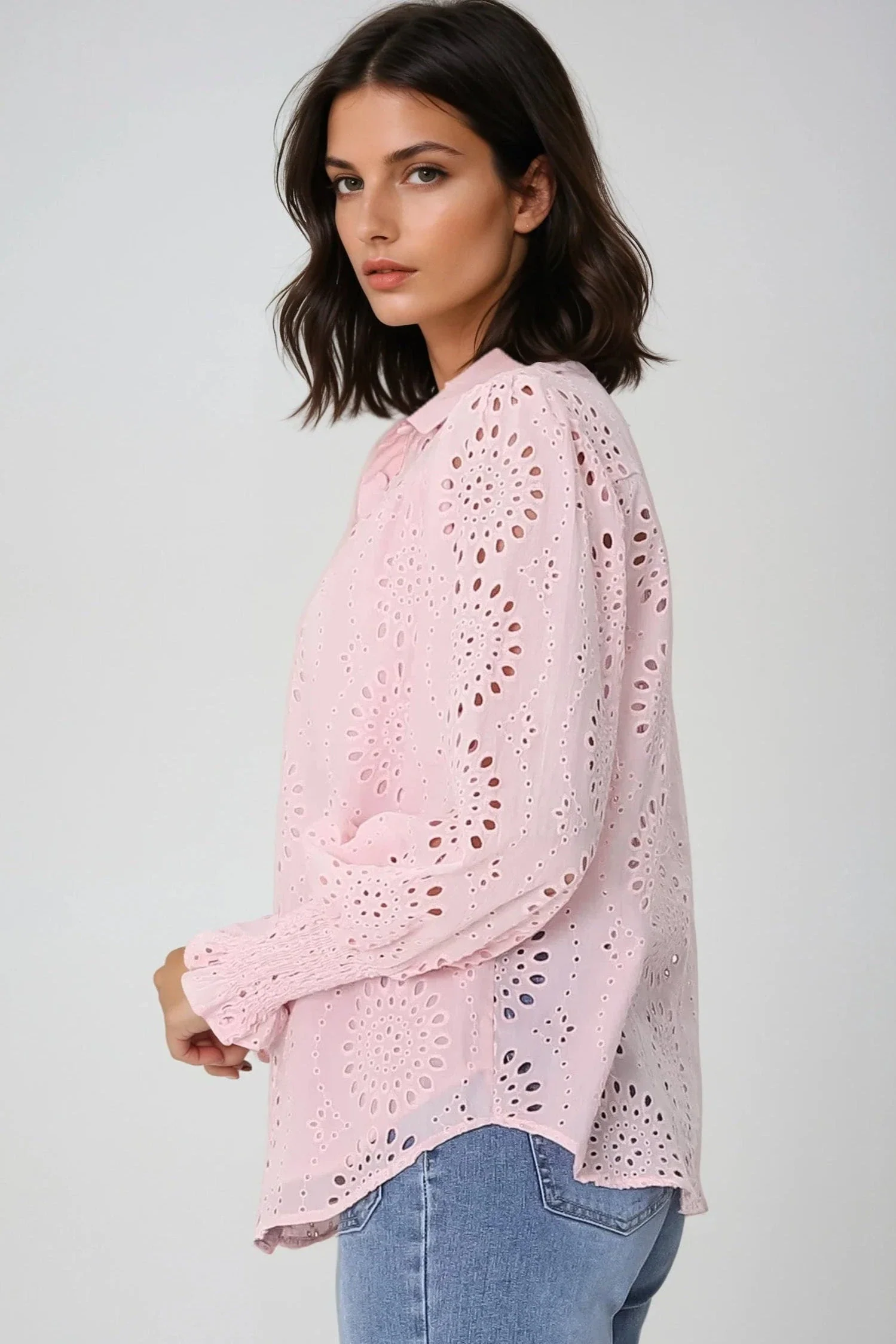 Benton Blouse - Hollow Out Embroidered Button Down Shirt in Pink - Image 9