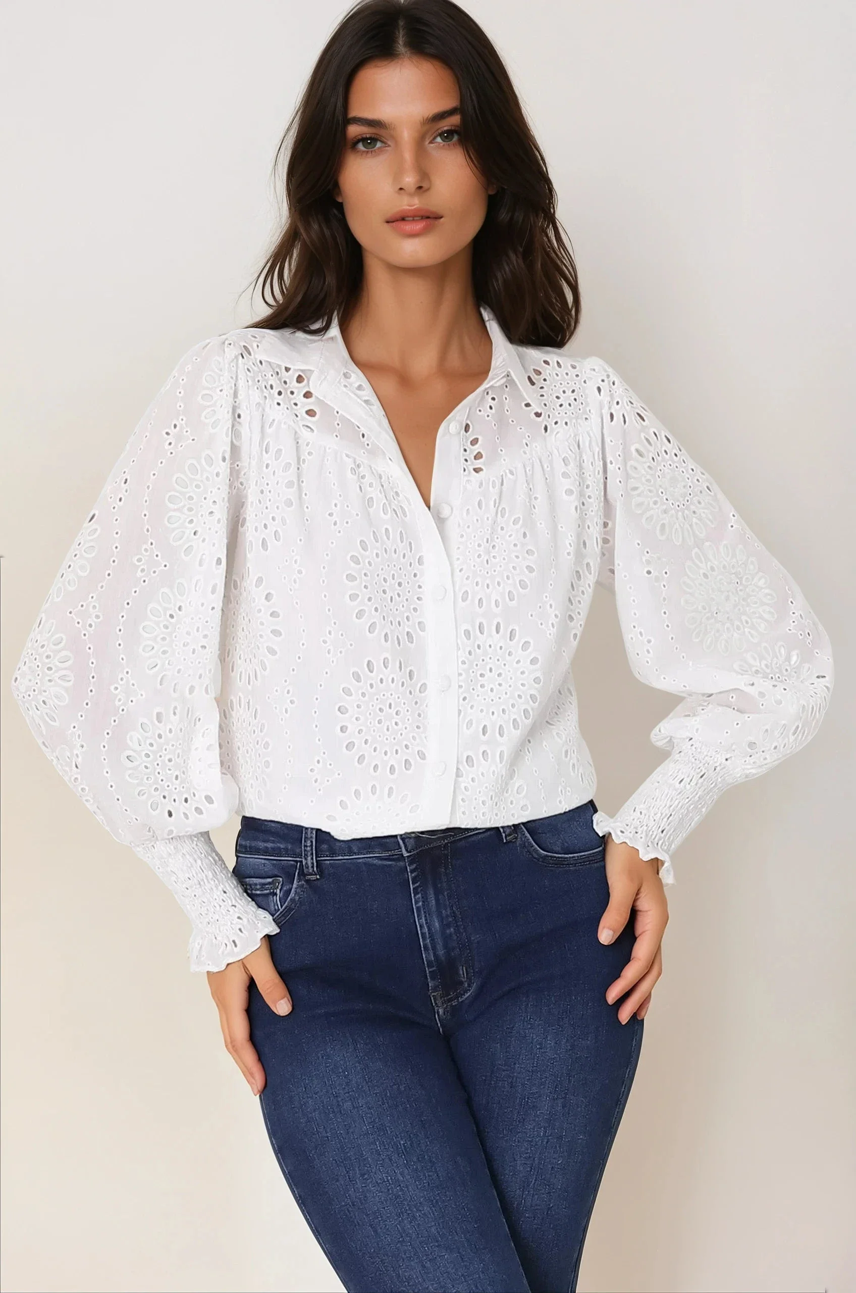 Benton Blouse - Hollow Out Embroidered Button Down Shirt in White - Image 10