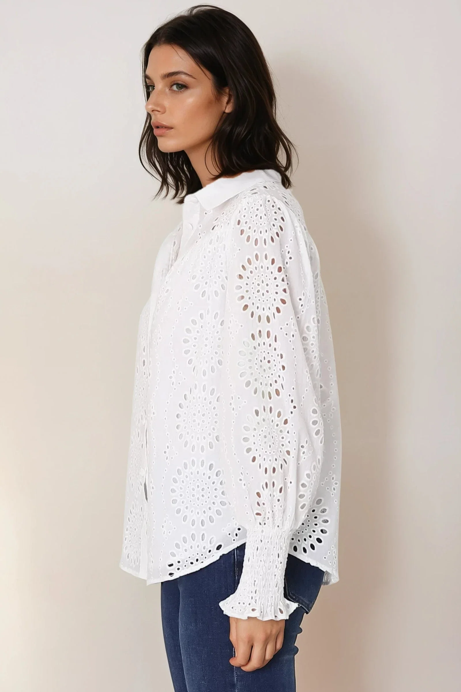 Benton Blouse - Hollow Out Embroidered Button Down Shirt in White - Image 11