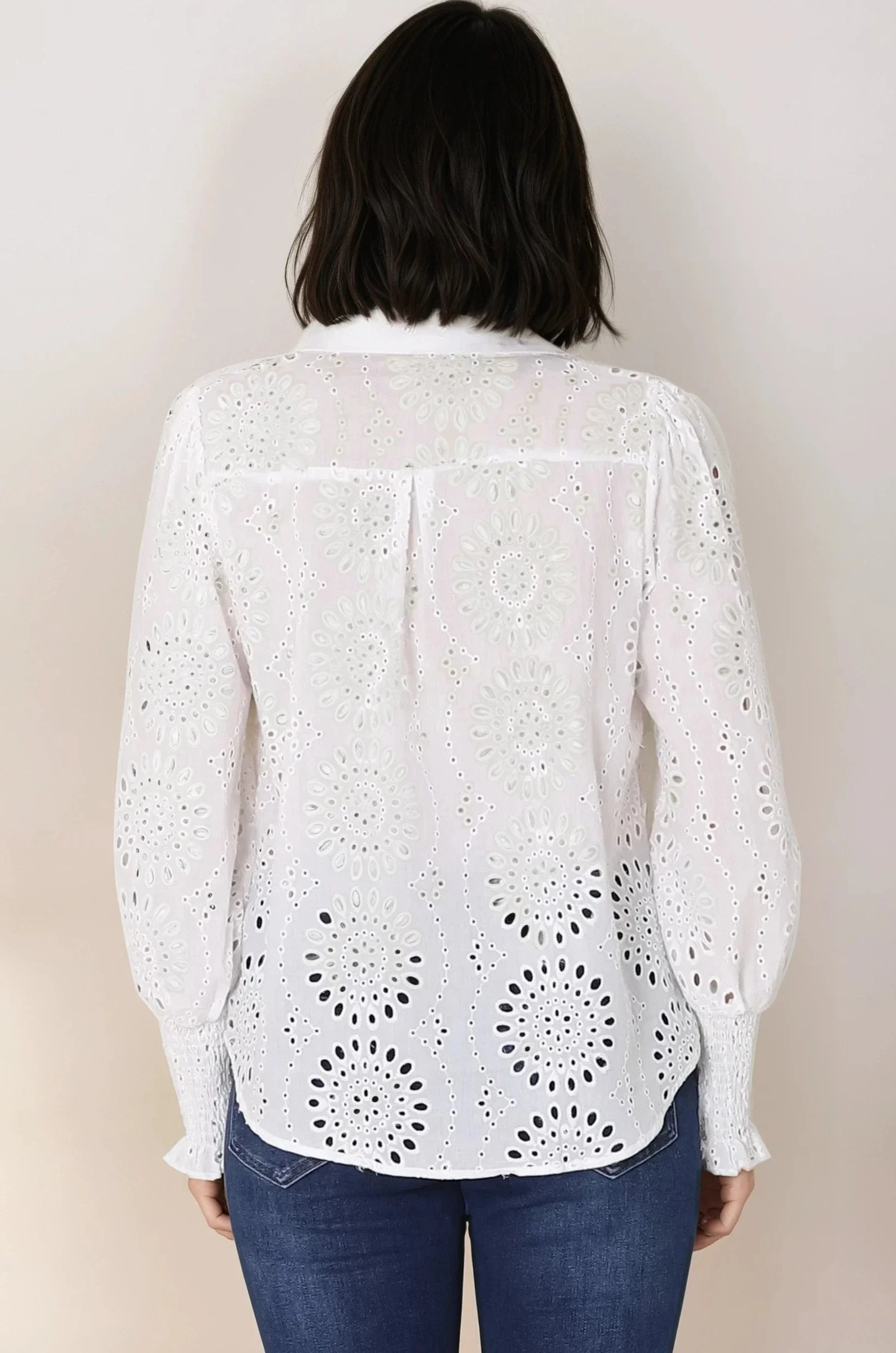 Benton Blouse - Hollow Out Embroidered Button Down Shirt in White - Image 12
